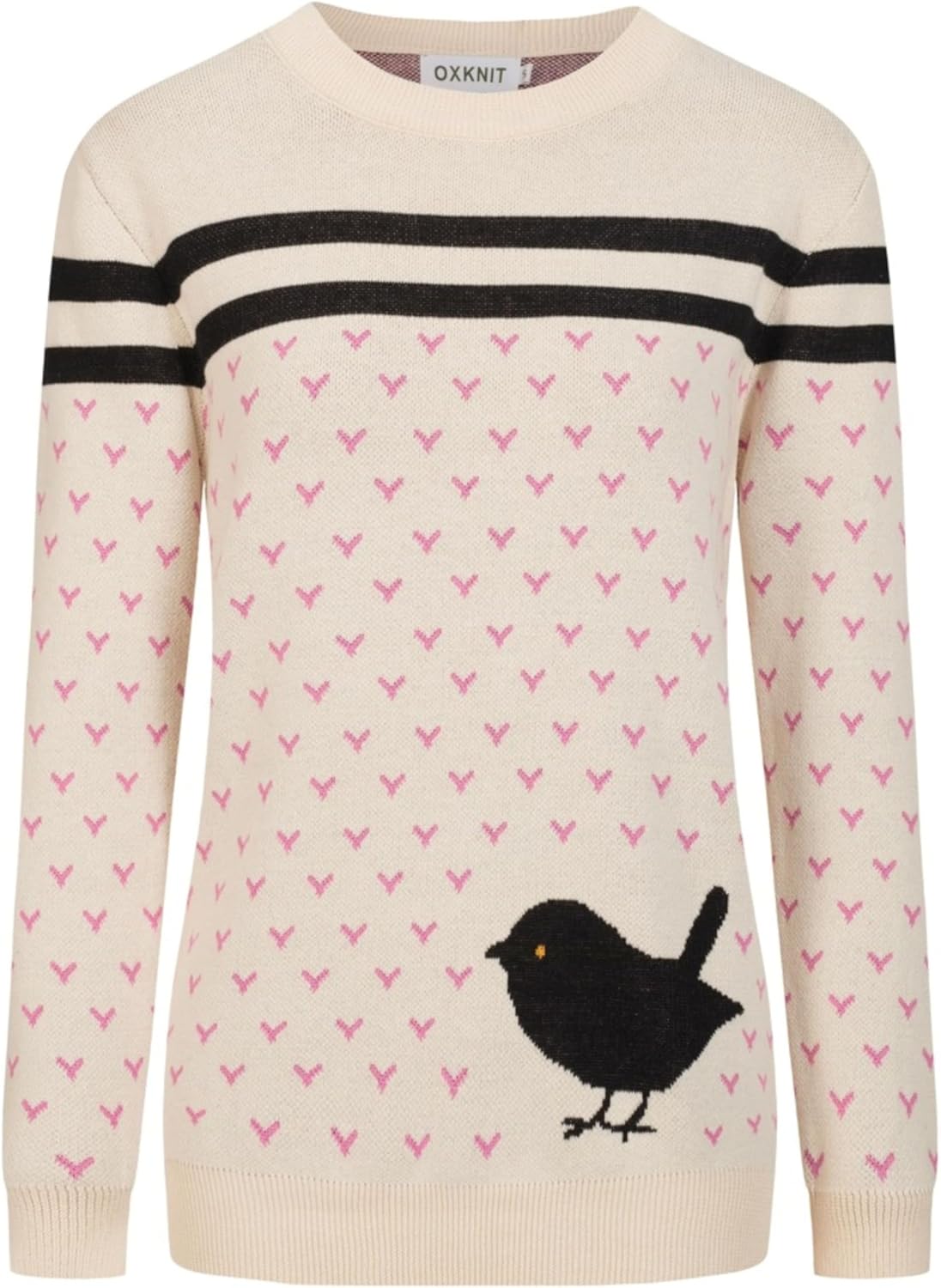 OXKNIT Women's Knit Long Sleeve T-Shirts, 1960s Mod Style Retro Bird and Heart Pattern Crewneck Casual Knitted Tops
