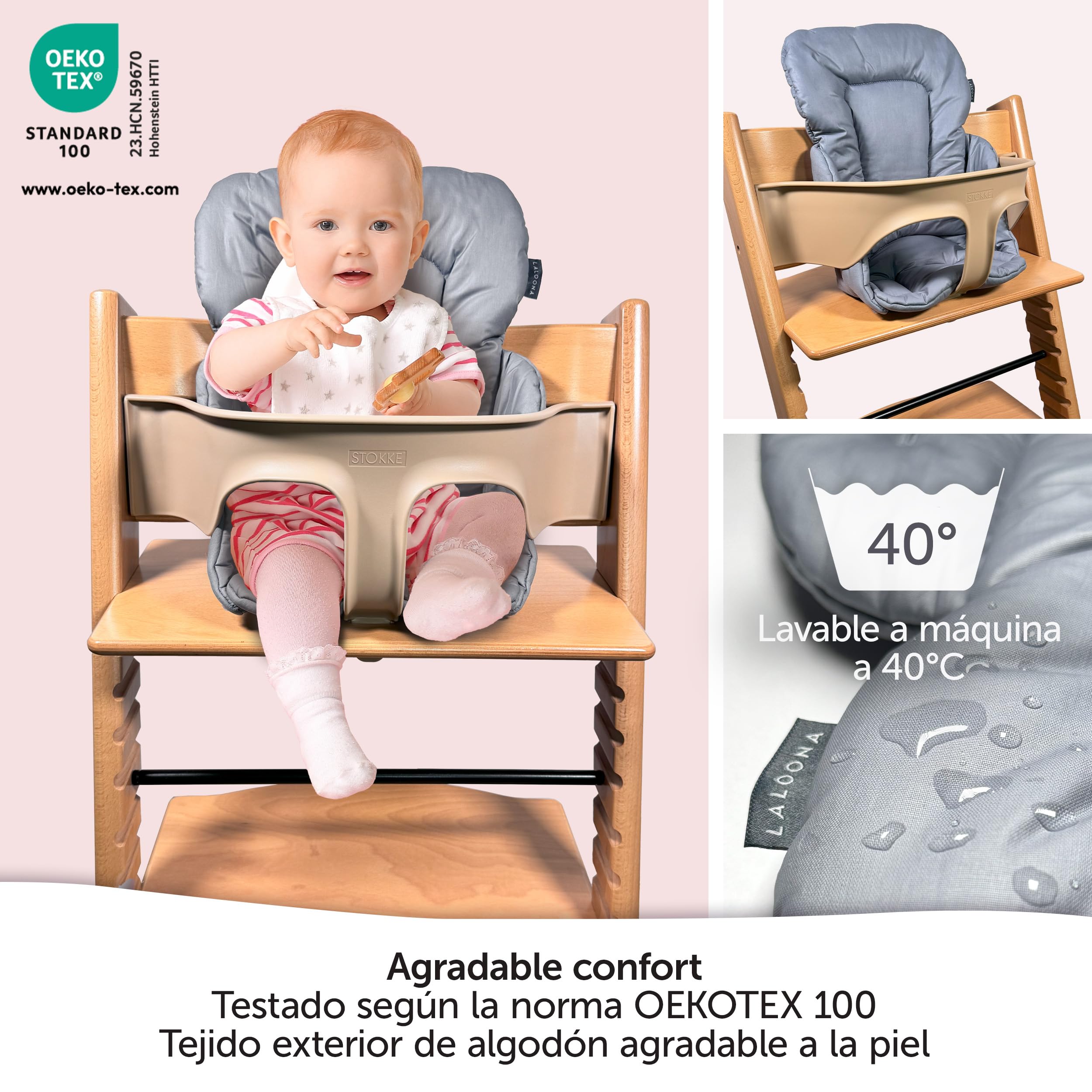 LaLoona Reductor para Trona Bebe Stokke Tripp Trapp, Cojin Trona Madera, Cojin Impermeable Trona OEKO-TEX 100, Lavable a Máquina - Gris