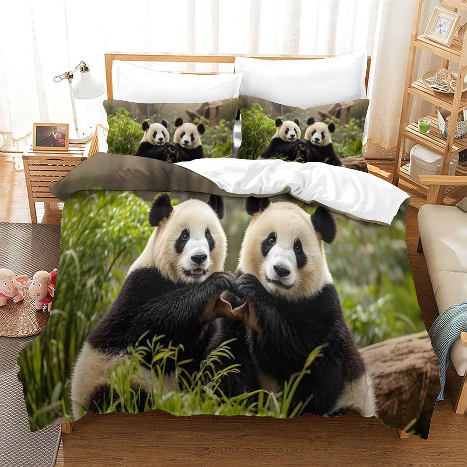XiaopangXY Pandas Finesse Quilt Cover Set Hidden Zipper Cute Animals Duvet Cover Set with Pillowcases Bedding Set Soft Microfiber Comforter Cover Various Sizes for Kids Adults Double（200x200cm）