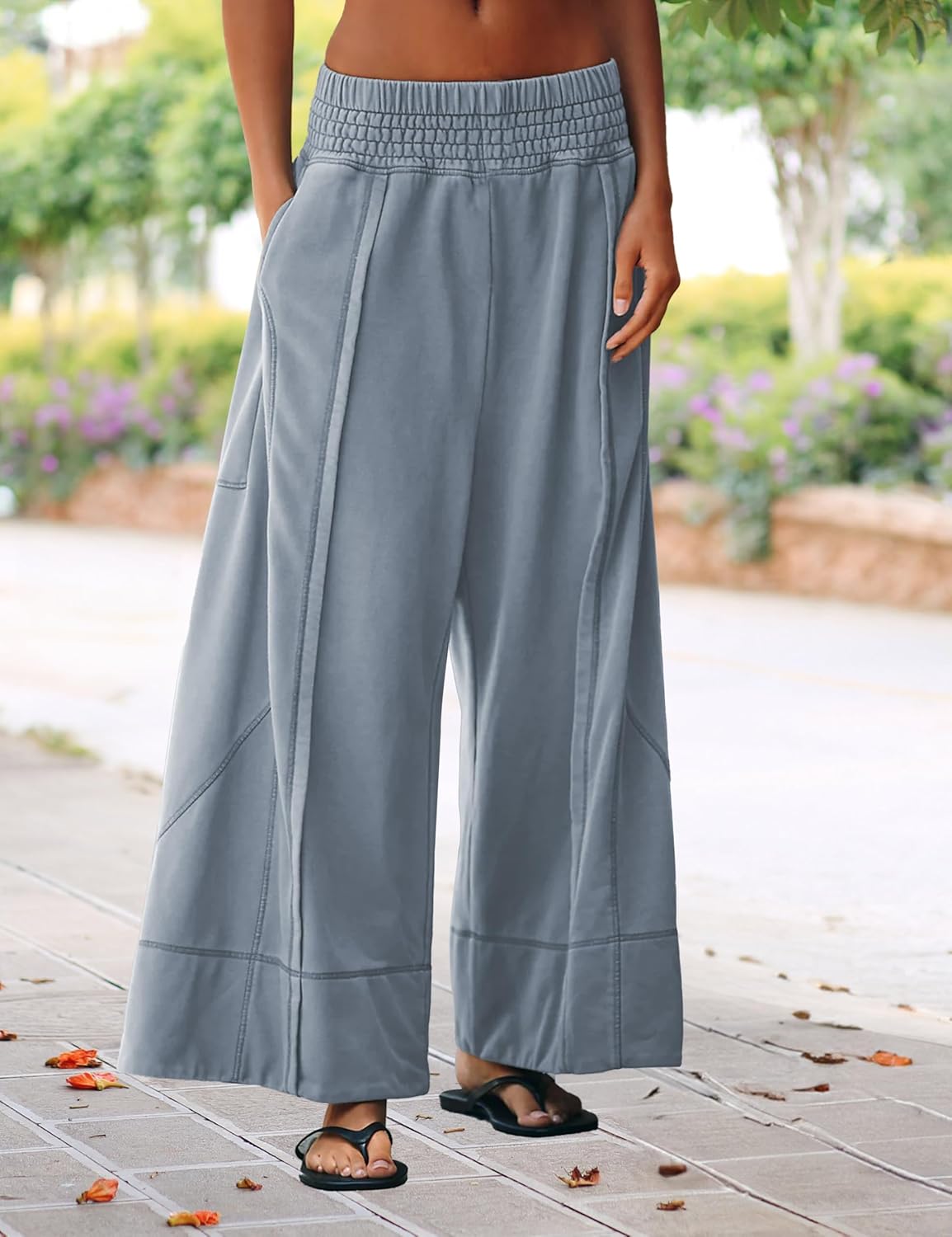 Womens Wide Leg Pants Casual Elastic High Waist Baggy Sweatpants Loose Cotton Lounge Palazzo Trousers