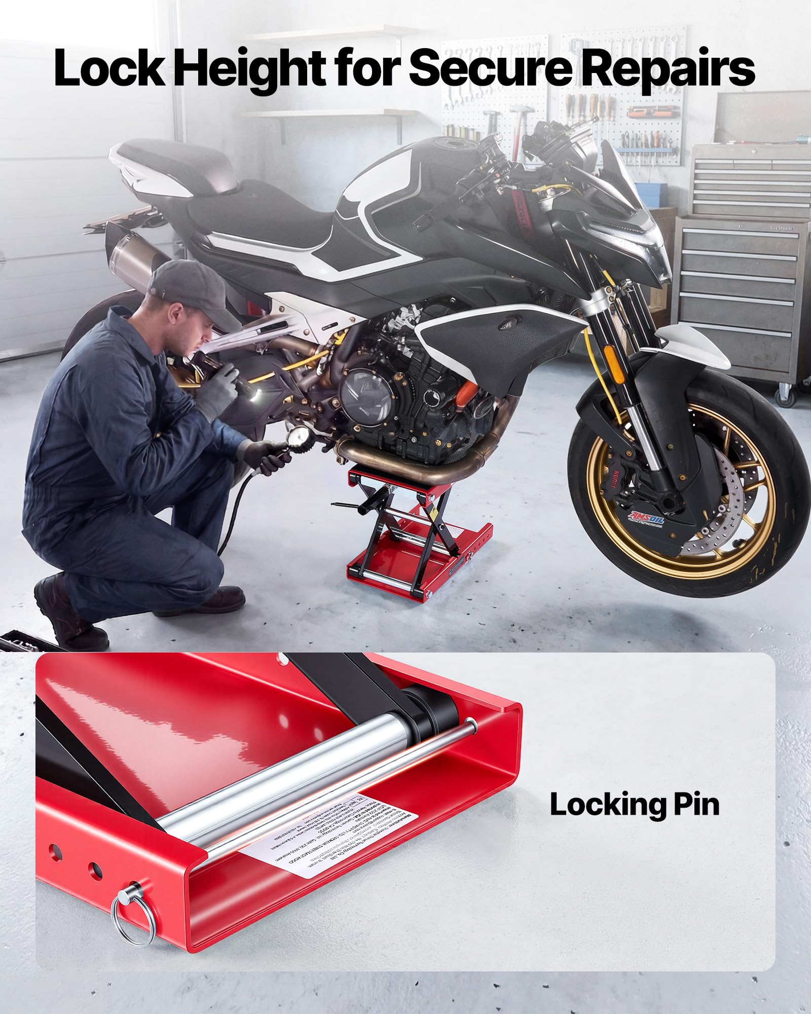 VEVOR Martinetto a Forbice per Moto, Piattaforma di Sollevamento Compatta Carico Max 499 kg, Escursione di Sollevamento 9,5-34 cm per Manutenzione Moto da Officina Garage, Sollevatore in Acciaio