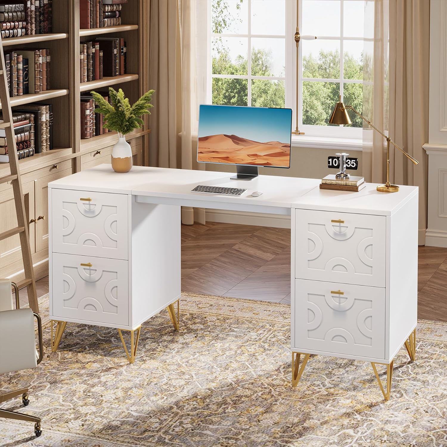Tribesigns White Desk with Drawers, 59'' Modern Office Desk Writing Office Table, Aesthetic Work Study Table with Storage & Gold Legs for Bedroom, Workspace, Living Room