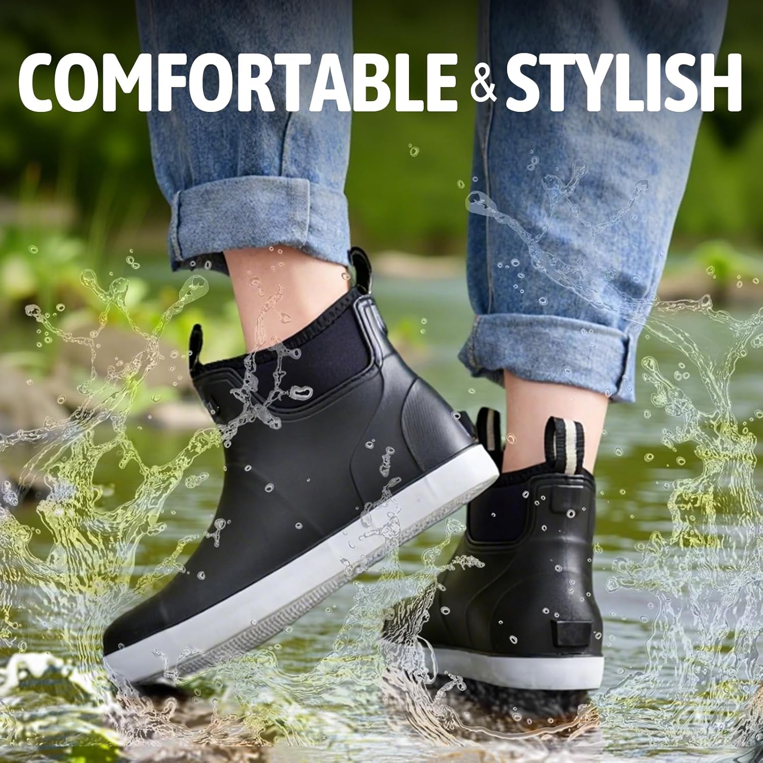 Women's Ankle Rain Boots - Slip On Waterproof Festival & Garden Shoes for Men - Comfortable Lightweight Rubber Wellies with Decorative Buckle - Image 5