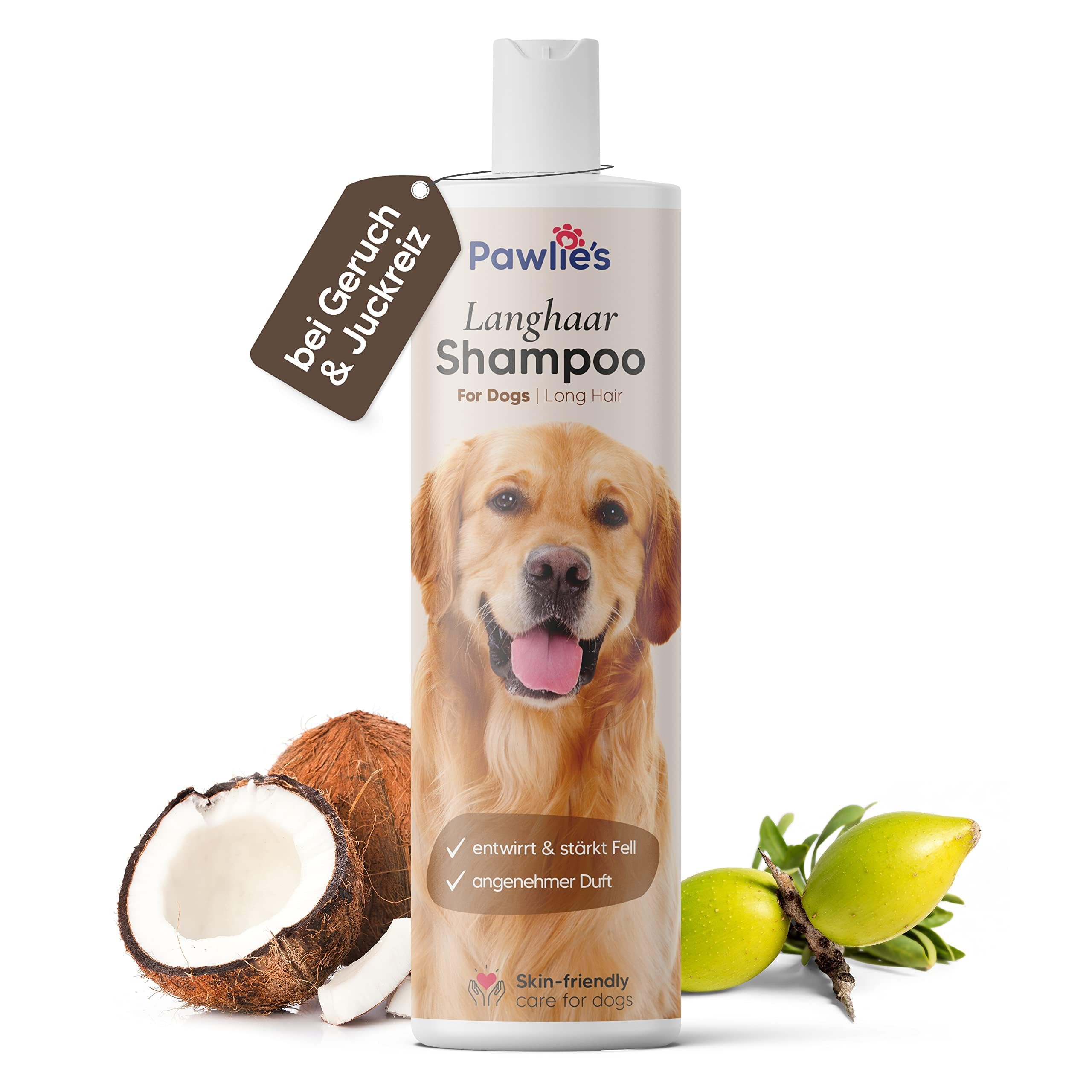 Pawlie's Champú para perros de pelo largo para el cuidado del pelaje para un mejor peinado, champú para perros contra el olor con aceite de argán orgánico y biotina, champú para perros, champú para
