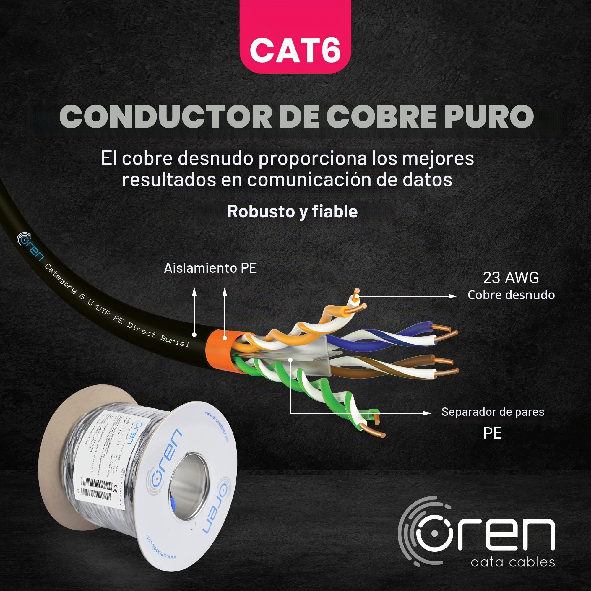 Oren CAT6 50m Cable Ethernet Para Exteriores - Entierro Directo - Cable de Cobre Puro 23 AWG- Cable de Red LAN de Internet UTP de 400 MHz de Ancho de Banda - Libre de Halógenos, No Corrosivo - Gigabit