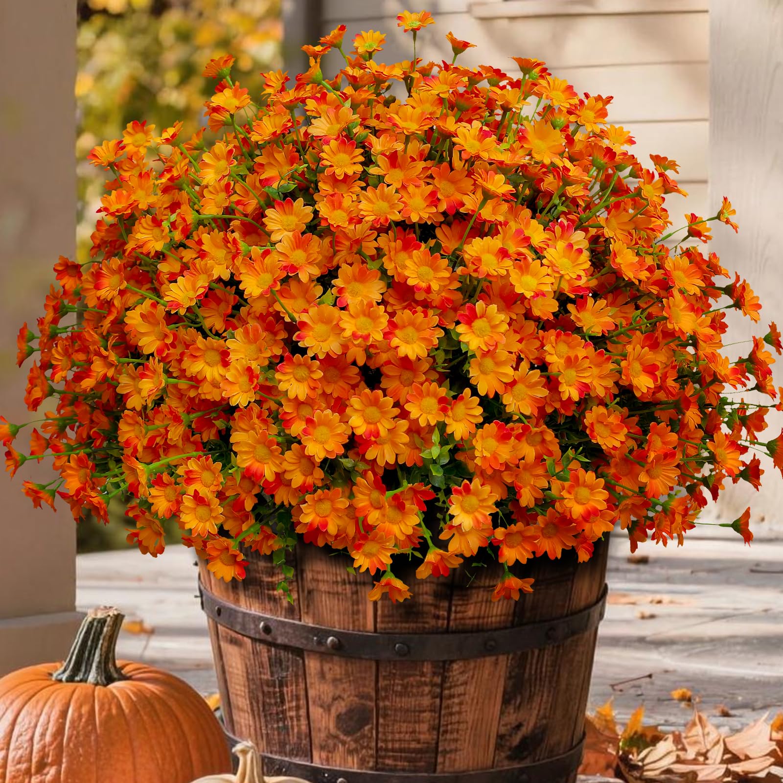 alyptus 8 Bundles Artificial Flowers for Outdoors Faux Mums (Orange)