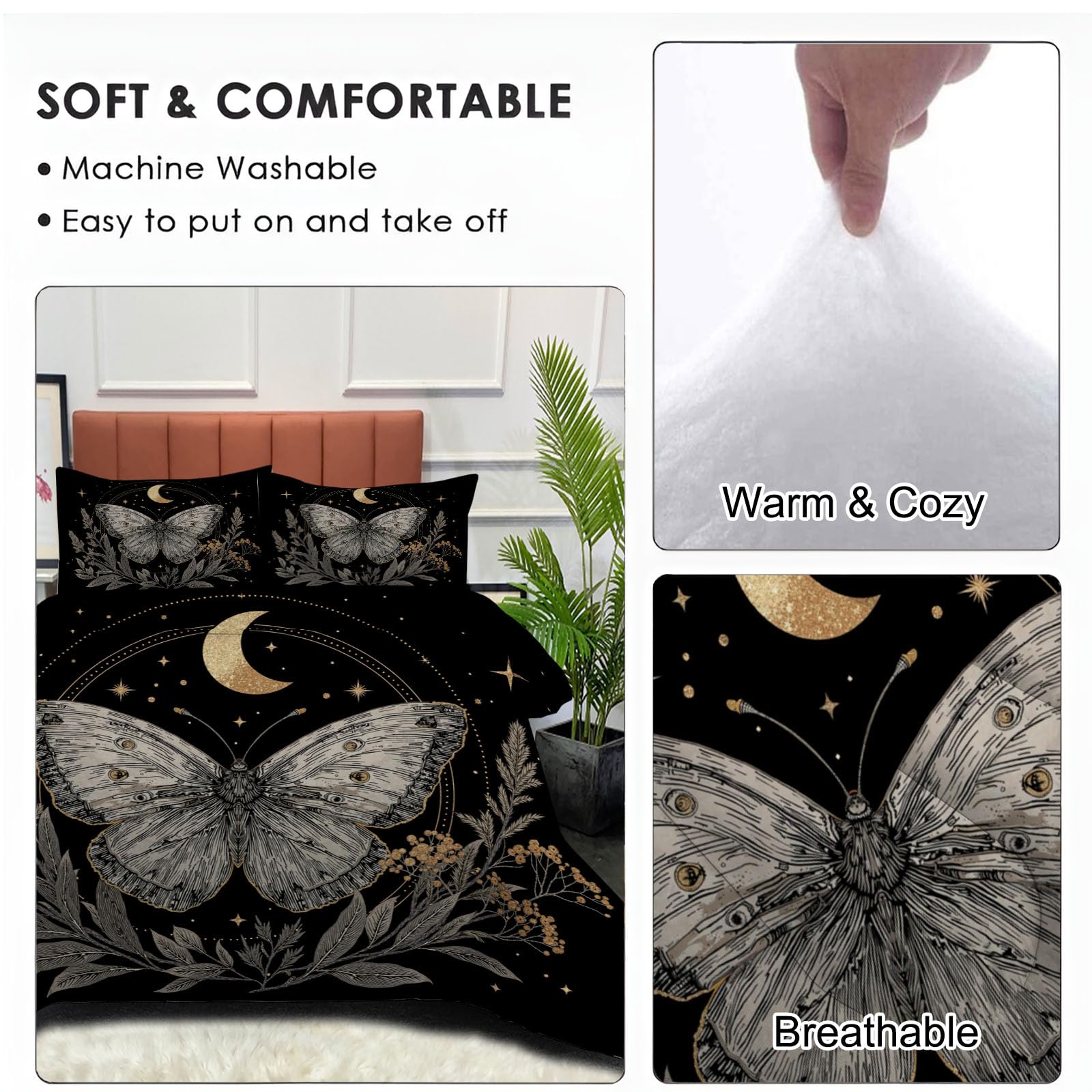 Trapunta Letto Matrimoniale 4 Stagioni Piumone per Bambini, Boemia La Falena Leggero Cielo Stellato Psichedelico Set di Biancheria da Letto 200x200cm con 2 Federe,Piumino Lavabile In Lavatrice