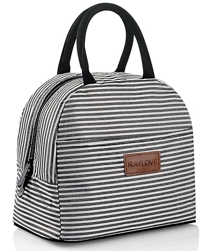 Raylove Lunch Bag Durable Insulated Lunch Bag for Women/Kids Double Zippers Bag Leakproof Thermal and Cooler Reusable Lunch Box for Office/School/Outdoor,Black Stripes