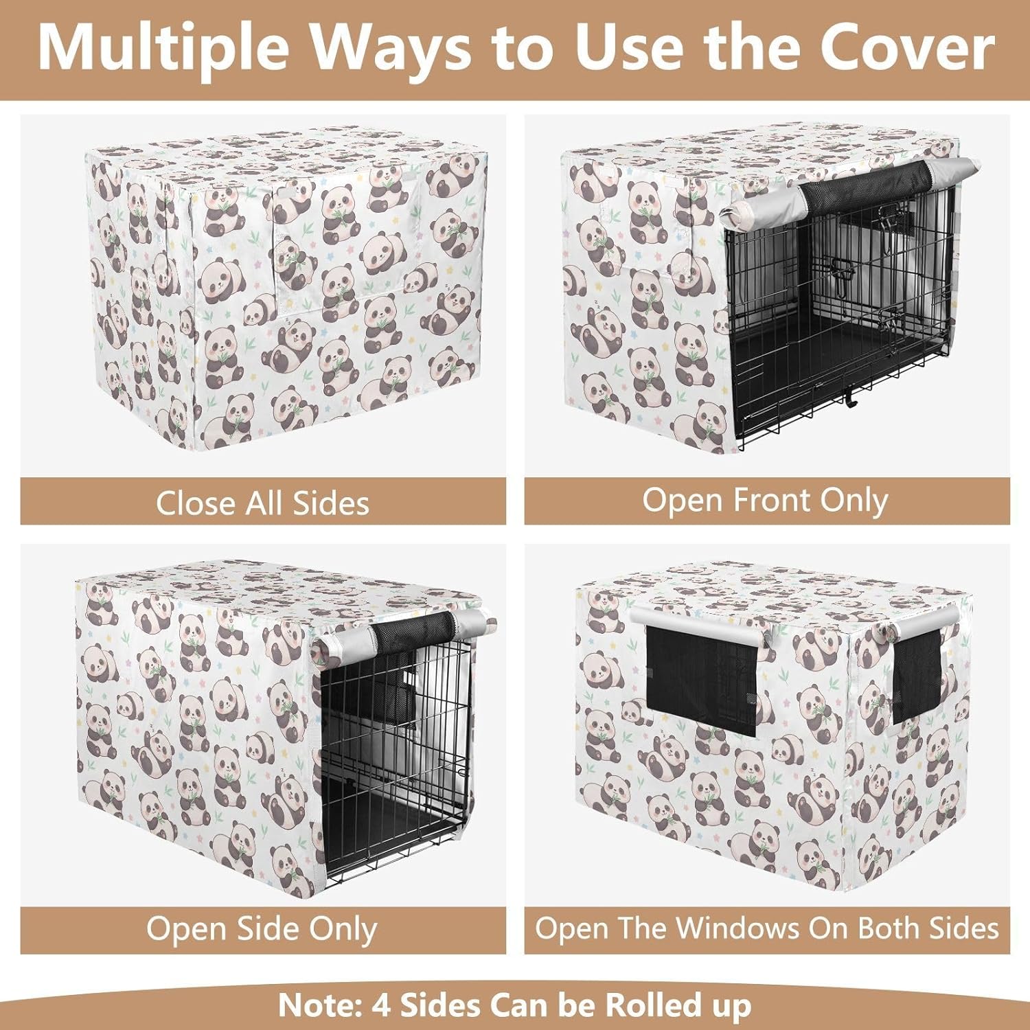 Duty 600D Silver Coated Dog Crate Cover, Water-Resistant Panda Print Pet Kennel Canopy with Mesh Windows for Optimal Ventilation, Universal Fit for Standard Wire Cage, Indoor & Travel