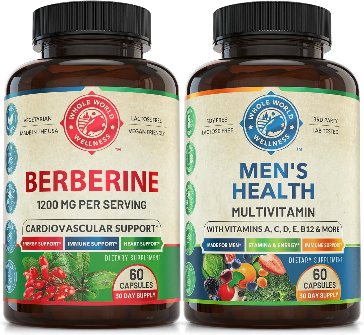 Premium Berberine and Mens Daily Multivitamins Bundle (One Bottle Each). Collectively Supports Holistic Wellness, Boosted Energy, Metabolic Function and Cardiovascular Heatlh. Made in The USA.