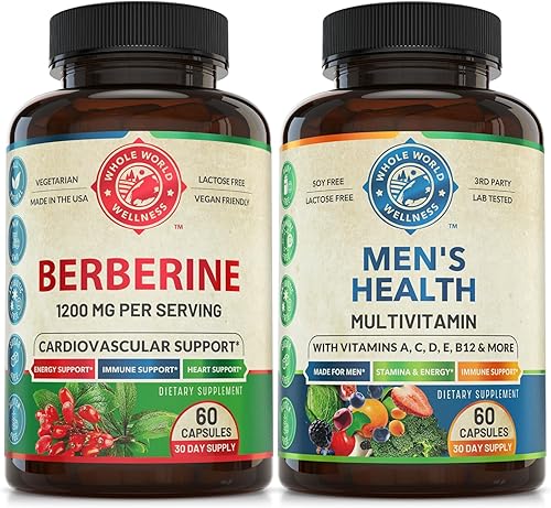 Paquete de multivitaminas diarias de berberina premium y para hombre (una botella cada una). Colectivamente apoya el bienestar holístico, la energía