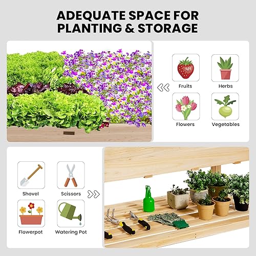 Miniatura 4 de COSTWAY Cama de jardín elevada con ruedas, maceta de madera con estante de almacenamiento para verduras, flores y hierbas, maceta elevada para patio