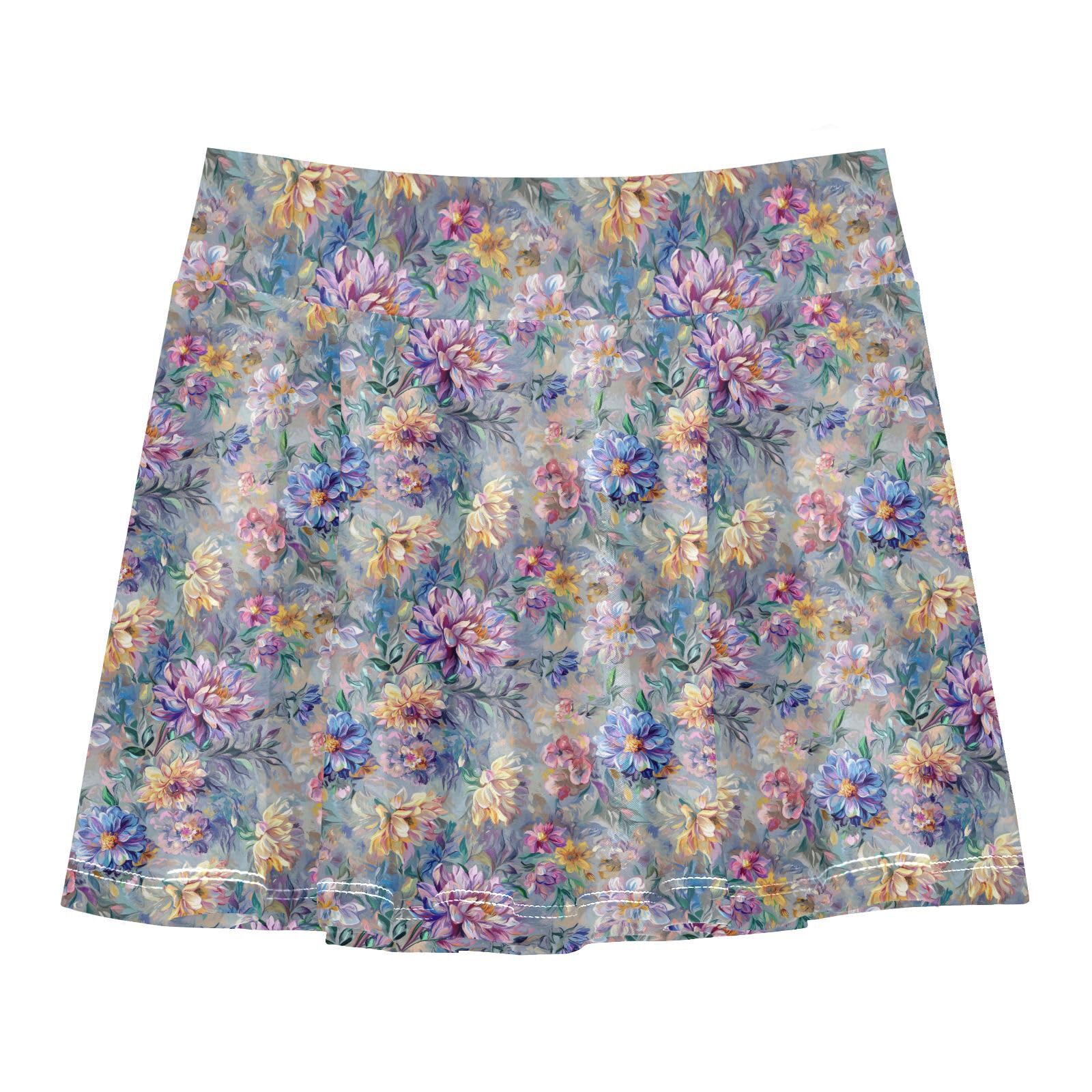 Flower in Vintage Girls Athletic Skirts with Built-in Shorts Flowy Performance Skorts Pleated Skirt Kids with Pockets 4-12Y