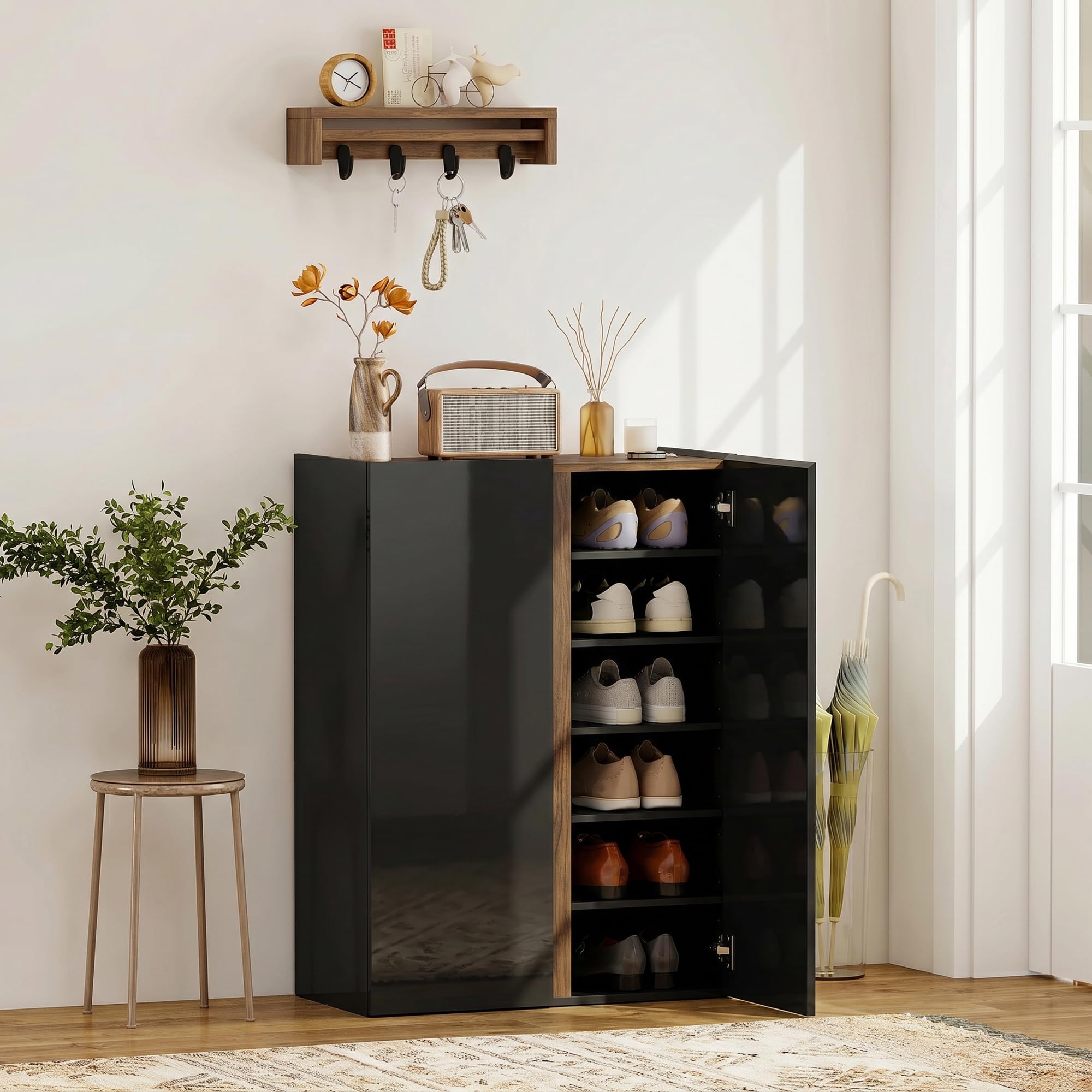 HOMCOM Schuhschrank mit 2 Hochglanz Türen Schuhregal Schuhkommode mit 6 Verstellbaren Fächern Schuhaufbewahrung mit Soft-Close-Funktion für 18 Paar Schuhe 70 x 33,5 x 95 cm, Schwarz
