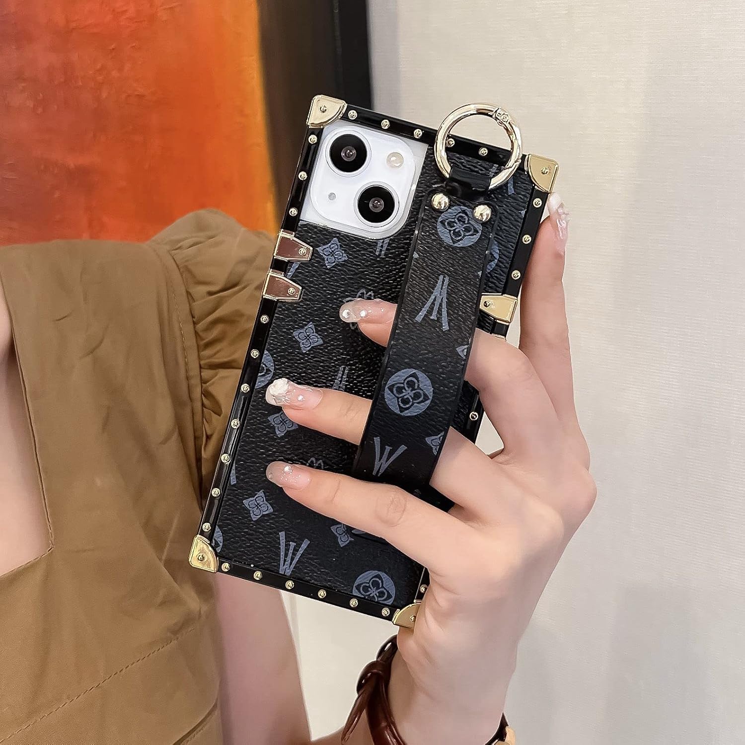 Rectangle Leather Compatible with iPhone 14 Case with Wristband Strap, Luxury Designer Case for Women Girls, Holder Kickstand Protective Cover 6.1” (Beige) - Image 6