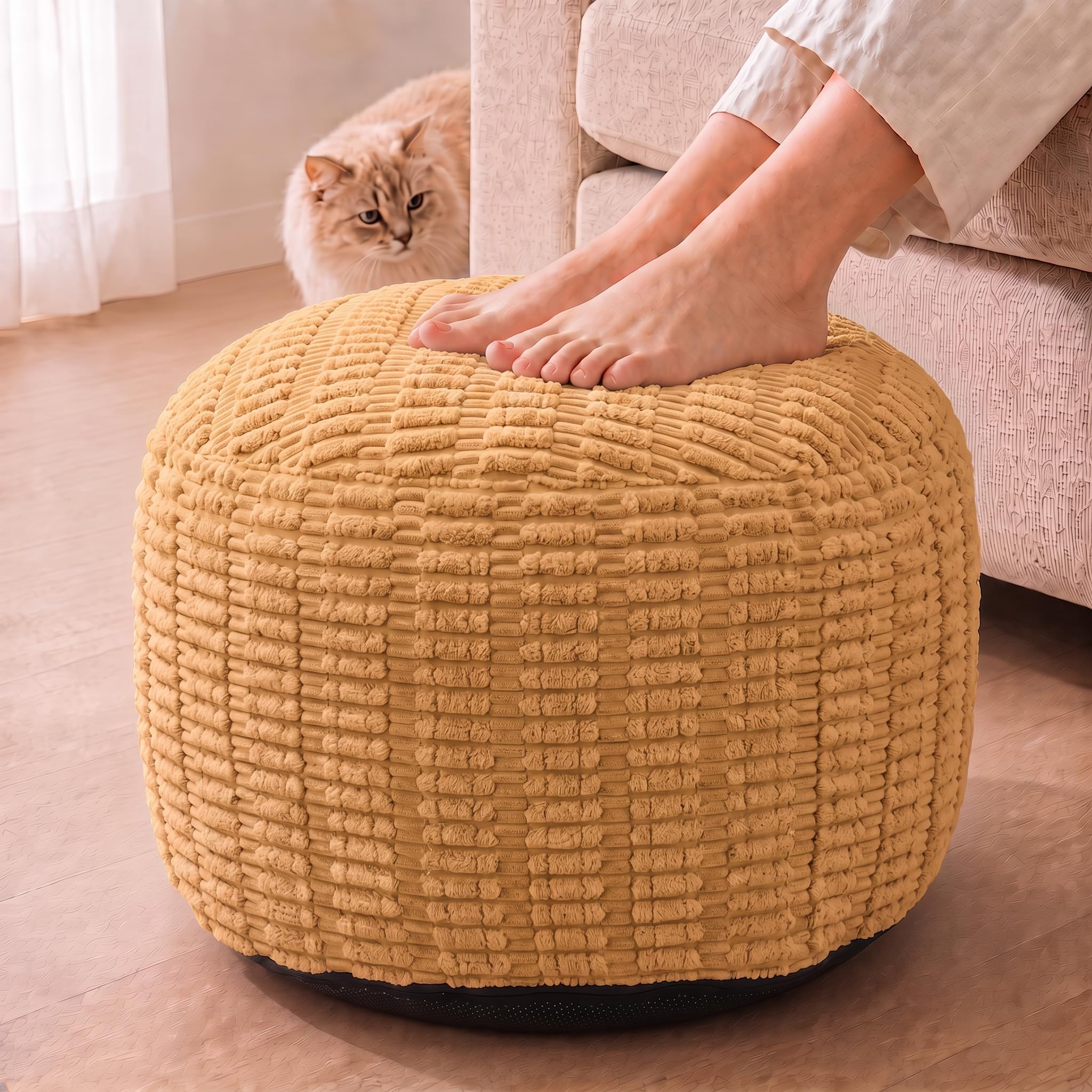 Round Pouf Ottoman, Camel, 24"x14", Shredded Foam Fill
