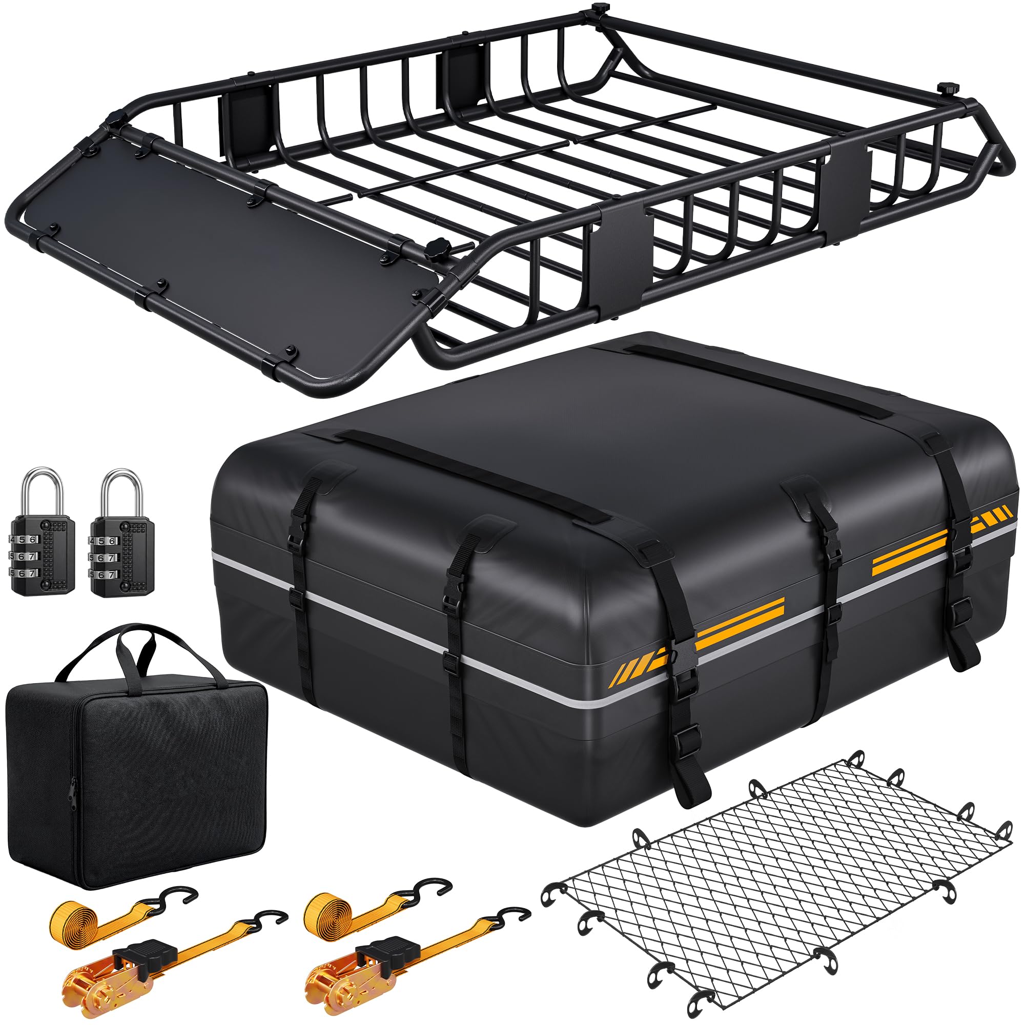 Dachgepäckträger 137 x 86 x 15 cm mit wasserdichter Dachtasche 425L | 90kg Tragfähigkeit, Verstellbare Trennstange, Gepäcknetz, Spanngurte & Schlösser, Universal für SUV Pickup Camping