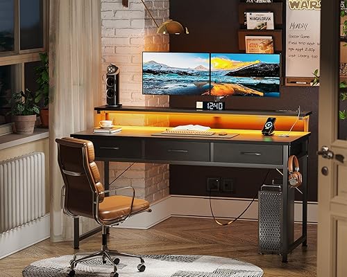 Miniatura 10 de ODK Escritorio pequeño para computadora de 40 pulgadas con 3 cajones y puerto de carga USB y toma de corriente, escritorio de oficina con luz LED,