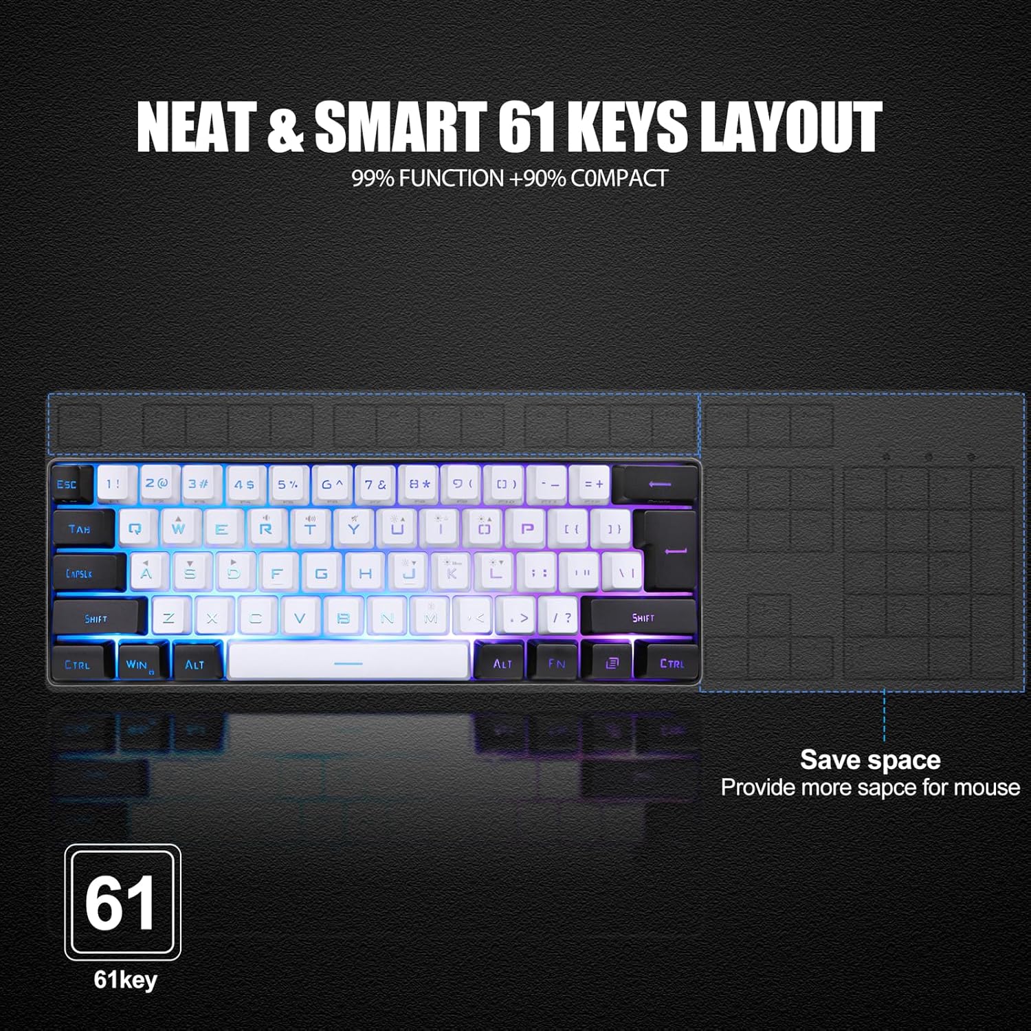 Mini RGB Keyboard, Mini 61 Keys Mechanical Gaming Keyboard, Plug and Play Type-C Interface Wired, Portable Compact Keyboards for Office and Gaming, Wired Detachable (Black)