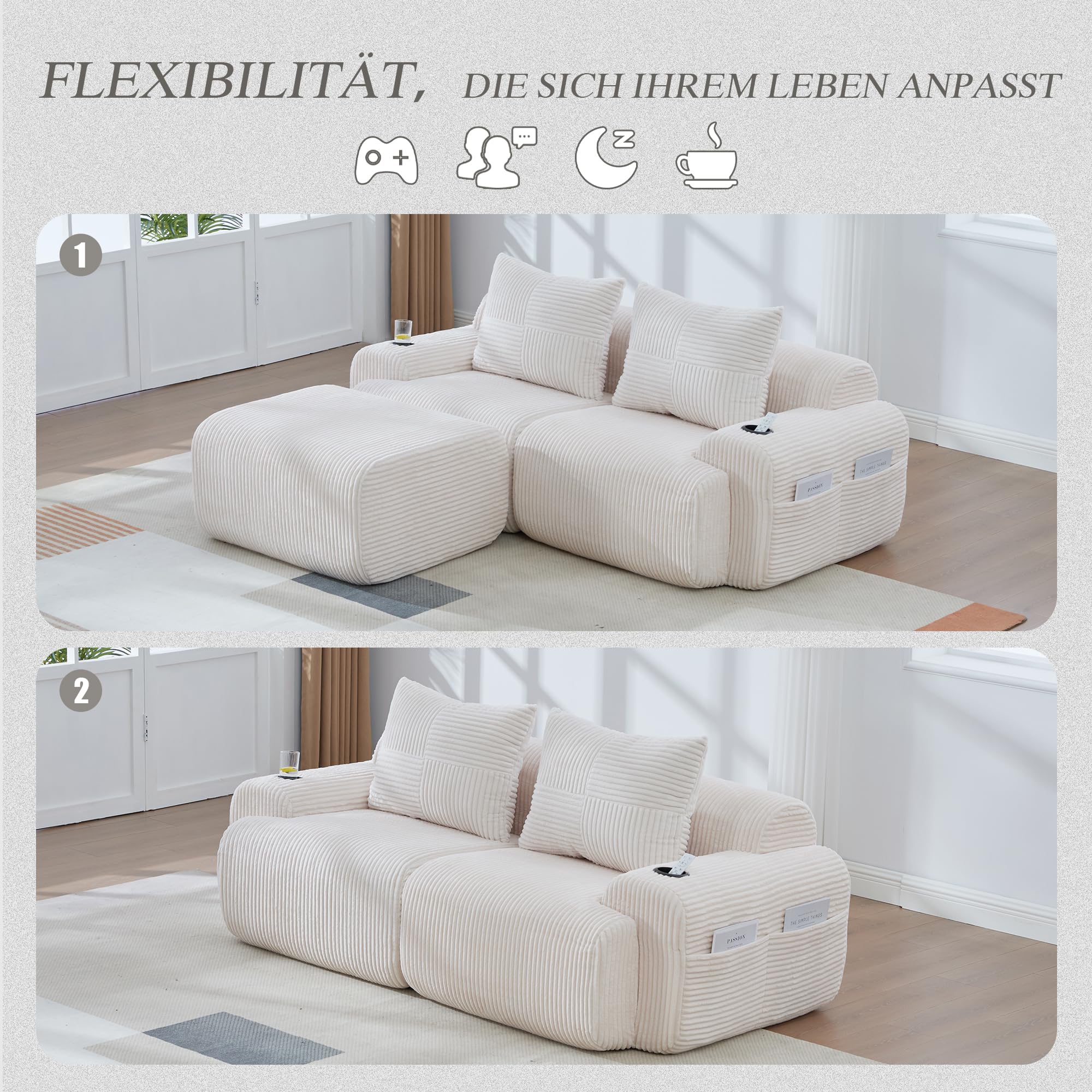 Bladez Sofá modular en forma de L, sofá de 2 plazas de cordón moderno con taburetes, sofá de asiento profundo sin montaje, con portavasos y bolsillo lateral, para sala de estar (Beige, 2 plazas+1)