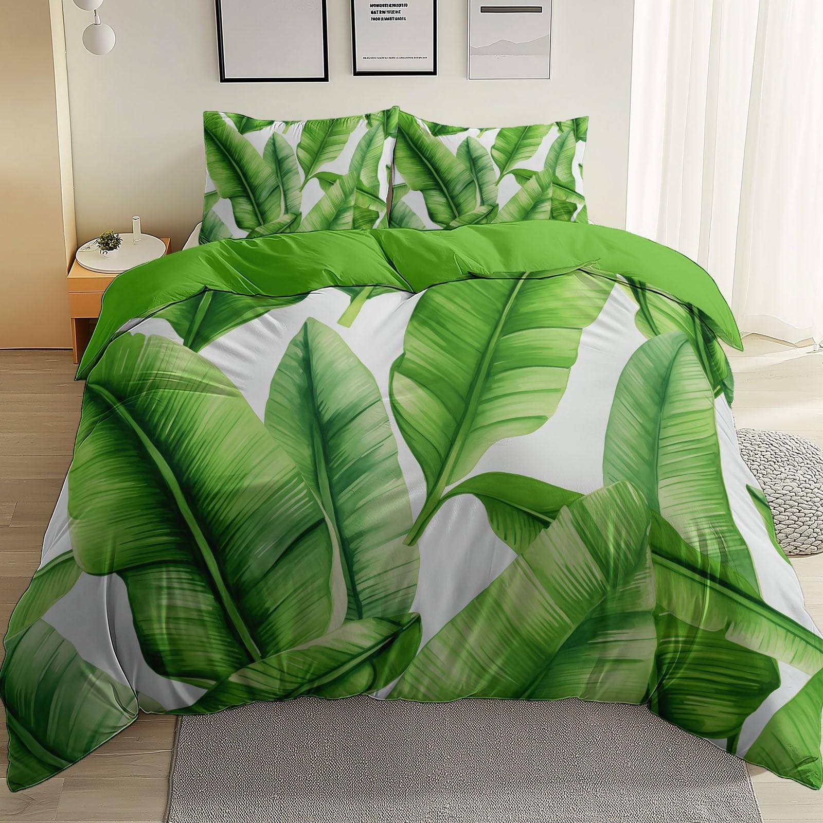 Douce Microfibre Brossée avec Zip Linge de Lit 220 x 240 cm (2 Taies 65x65), Plantes À L'Aquarelle Feuilles De Bananier, 4 Attaches pour Chambre Principale, Vert