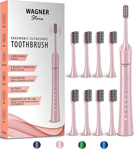 Wagner & Stern - Cepillo de dientes eléctrico de blanqueamiento ultrasónico con 8 cabezales de cepillo negro carbón. Para respiración fresca y