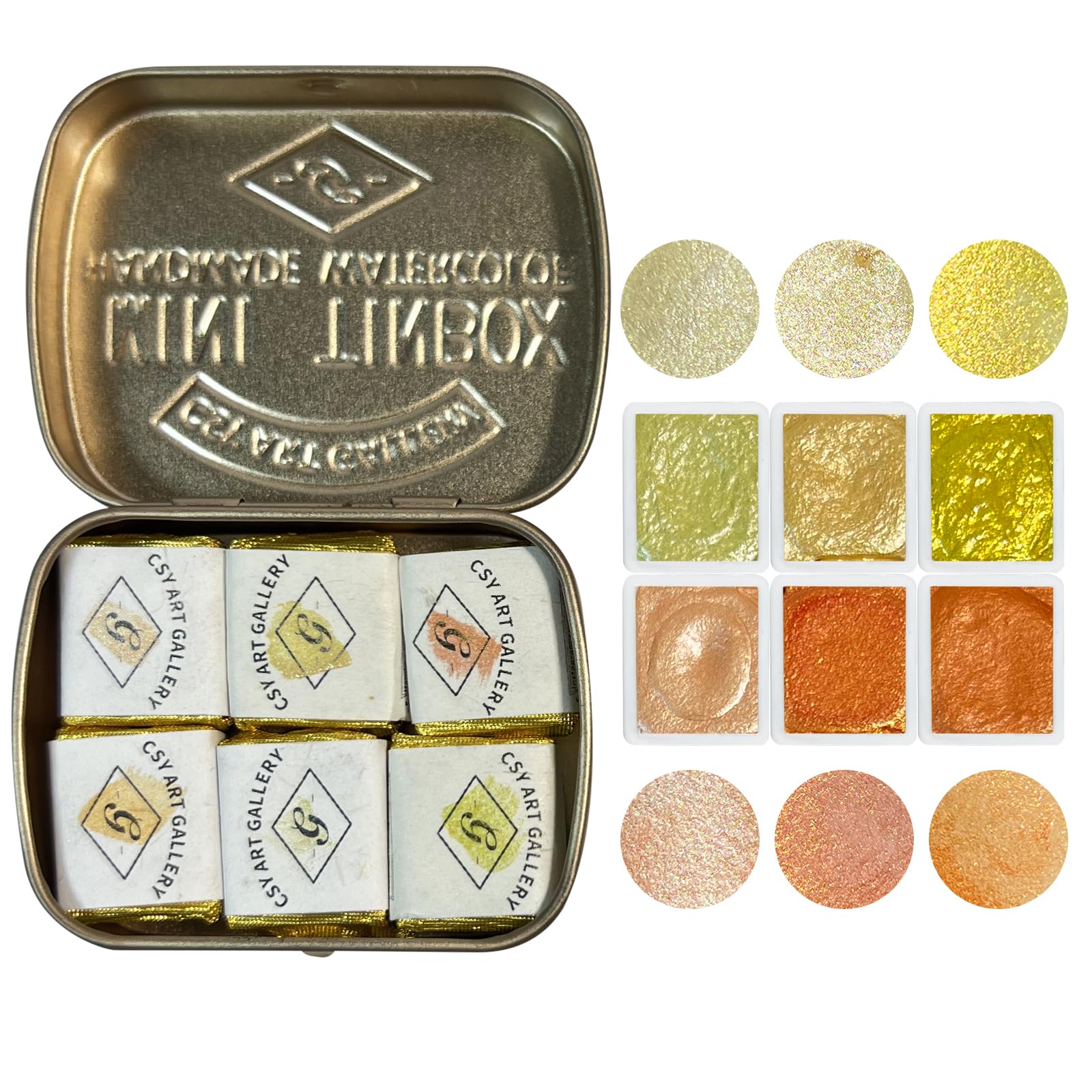 CSY art gallery Set of 6 Handmade Mica Watercolors Paint-Metallic-Glitter-Shimmer Water Color Paints - Orange and Yellow Acuarela Tin Palette - Fun Gift for Artists (Manhattan Sunset)