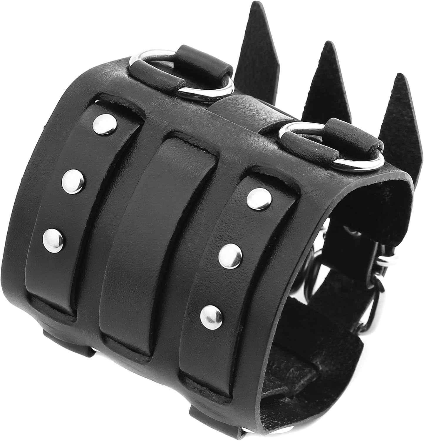 HZMAN Men's Alloy Ring Genuine Leather Bracelet Bangle Cuff Silver Tone Adjustable