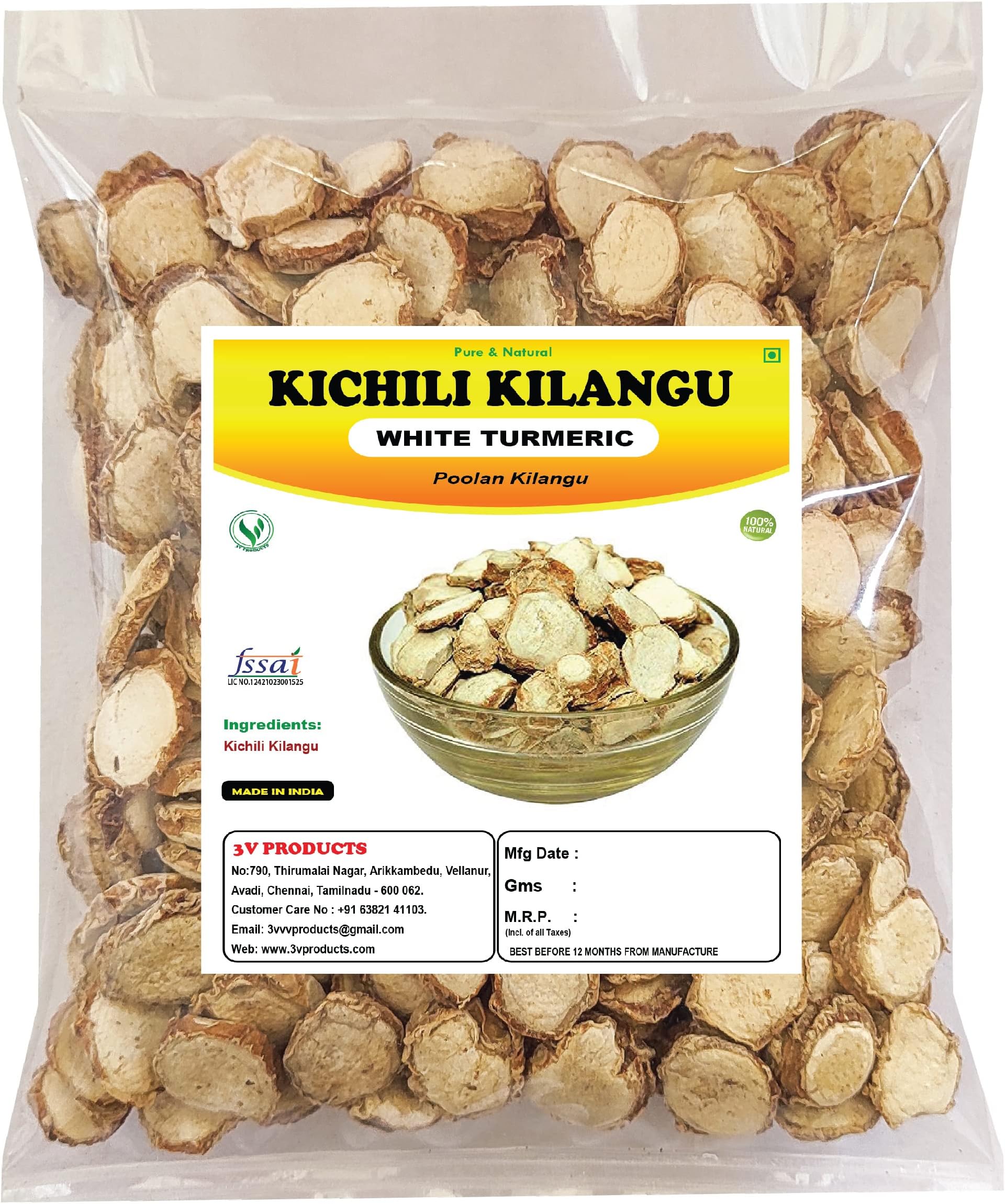3V PRODUCTS Kichili Kilangu 50g | White Turmeric | Poolan kilangu | Zedoary for Glowing Skin | All Skin Types | Tan Removal | Skin Care