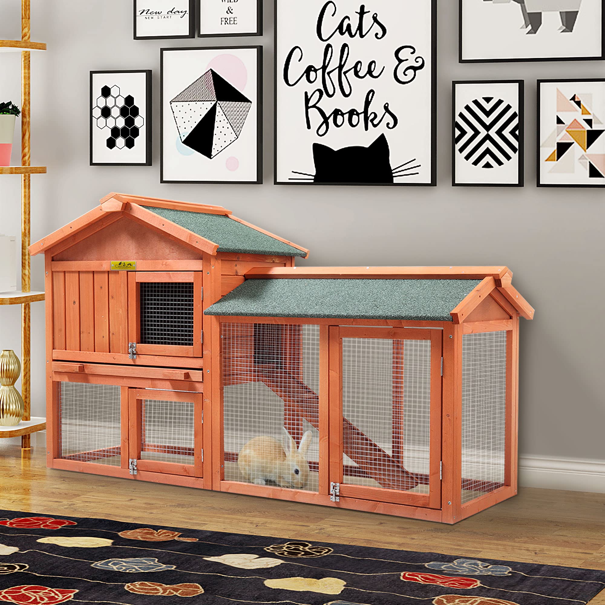 COZIWOW 2Tier Rabbit Hutch Indoor/Outdoor, Weatherproof Wooden Bunny Run Cag w/Ample Activity