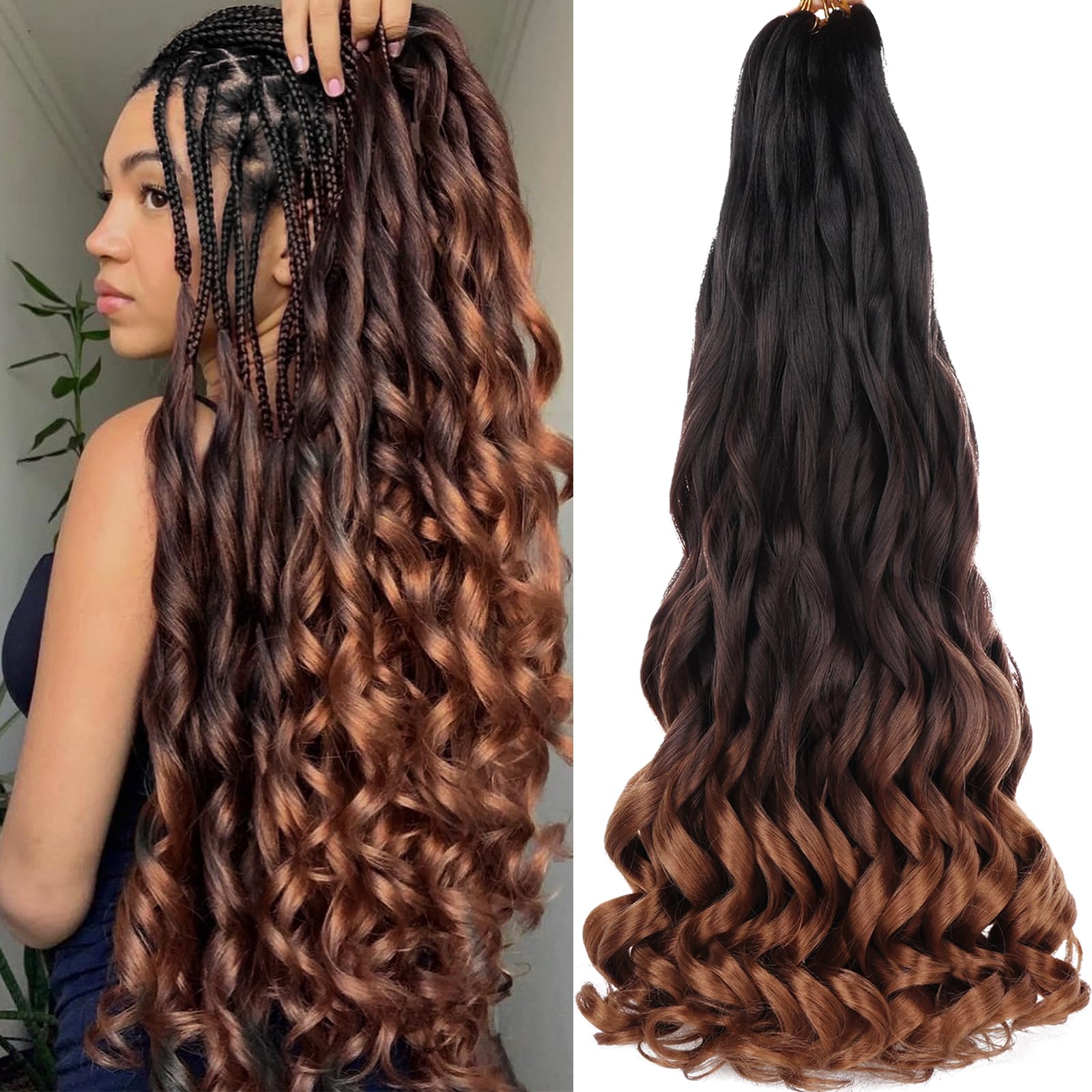 COOKOO 22 Inch 9 PCS French Curly Braiding Hair 75g/pack Ombre 3 Tones Synthetic Bouncy Braiding Hair for Goddess Box Braid Crochet Hair Soft French
