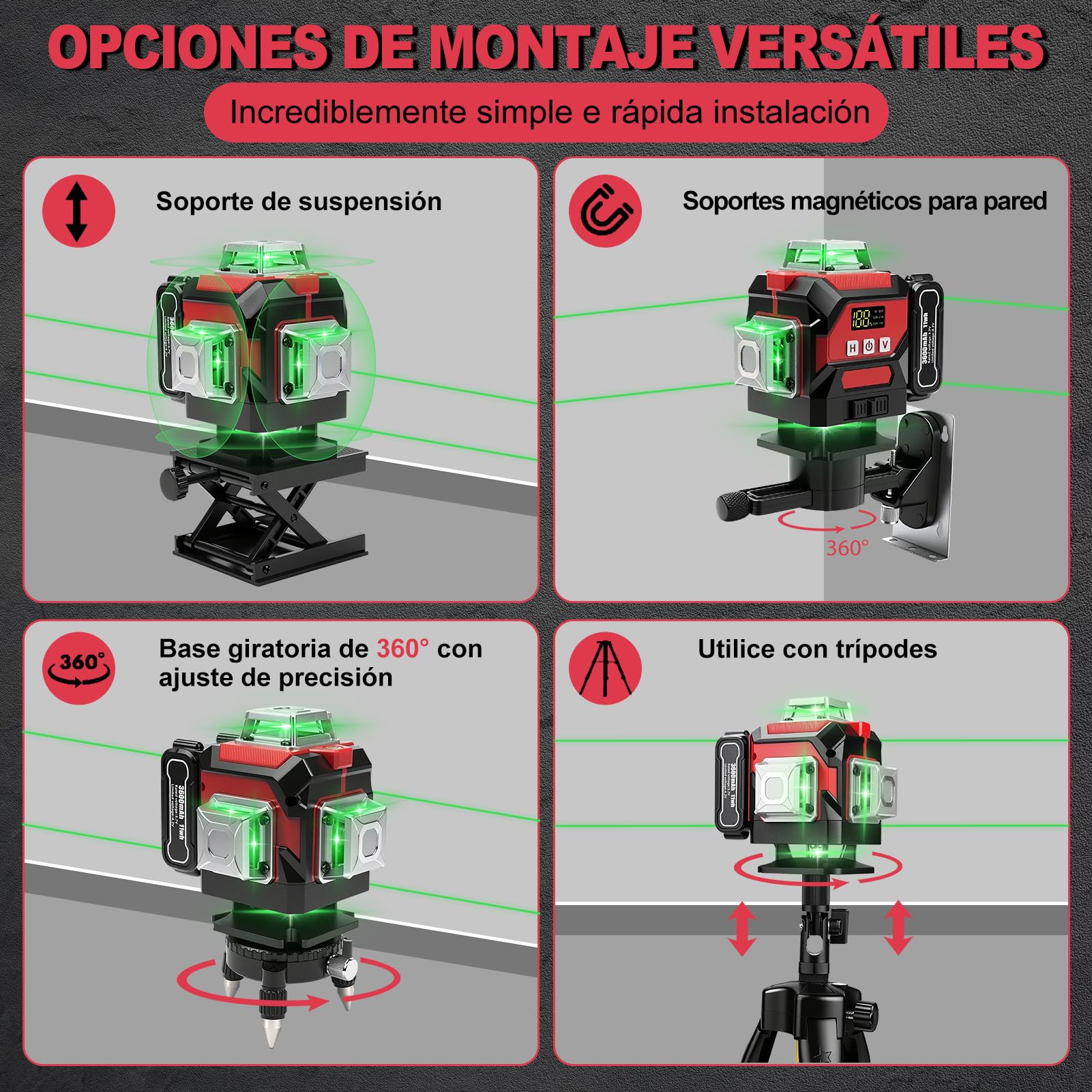 Nivel Laser Autonivelante 360 Grados, 4D 16 Líneas Nivel Laser Verde con Trípode, Digital Niveles LáSer con 3600 mAh x 3 baterías Recargables para Interiores, Obras