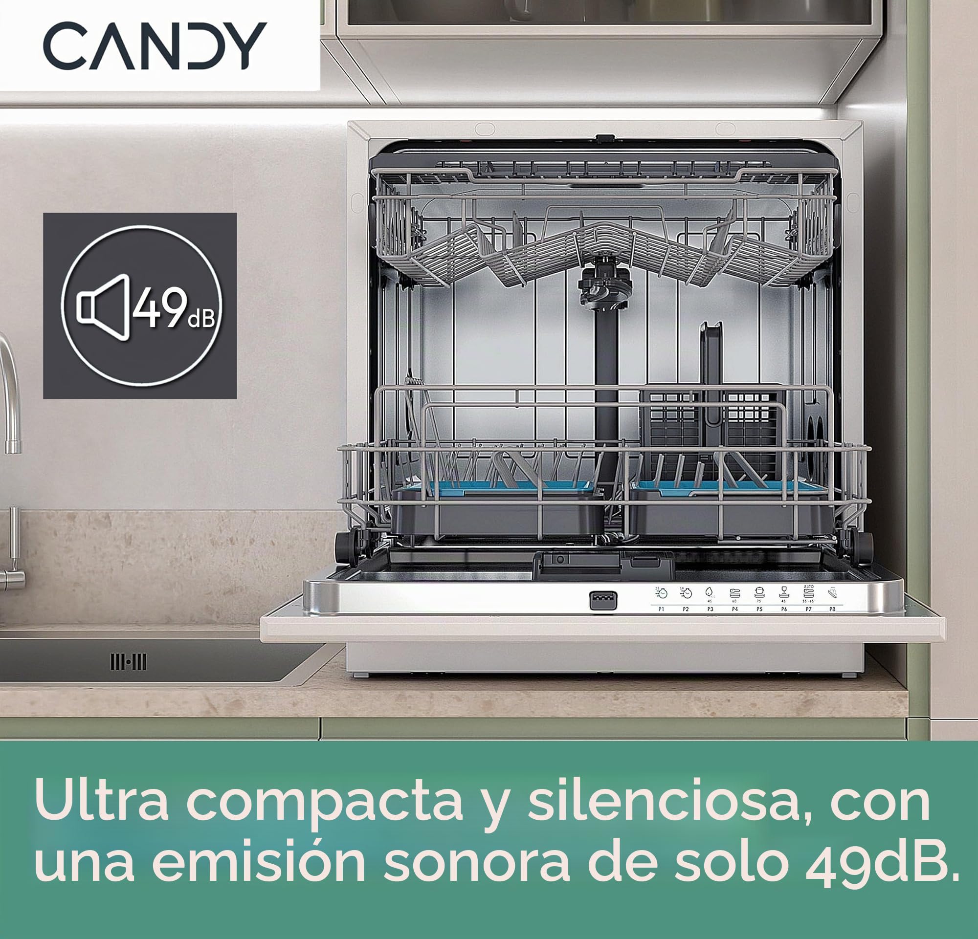 Candy Rapido' CP 8F9FFW Lavavajillas compacto, 8 cubiertos, 8 programas, lavado y secado de 190 cm, primera selección, HxBxD 59,5 x 50,1 x 55 cm, blanco [clase energética F]