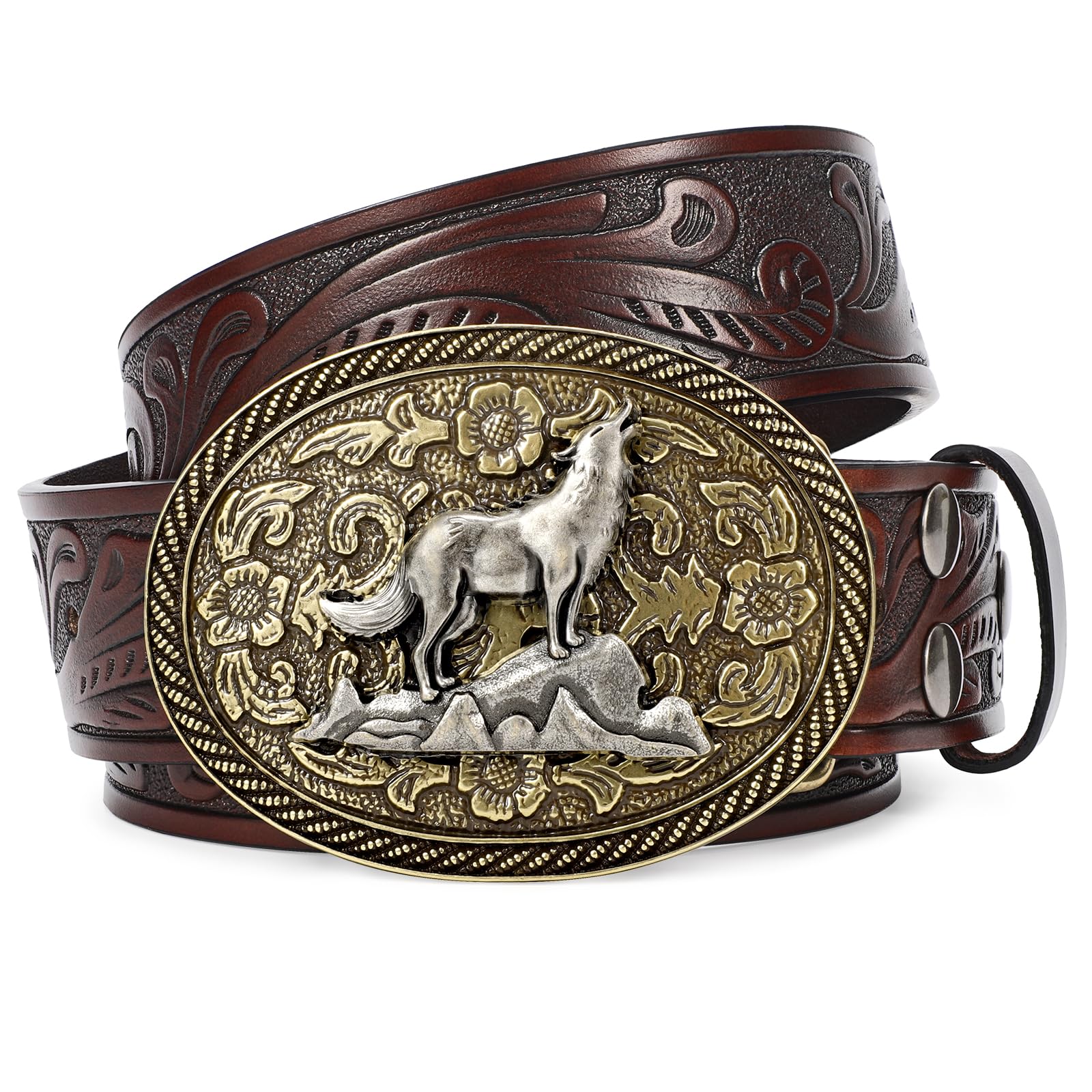 SANSTHS Western Cowboy Belt for Men Bull Buckle Belt Womens Western Floral Engraved Leather Belts for Jeans