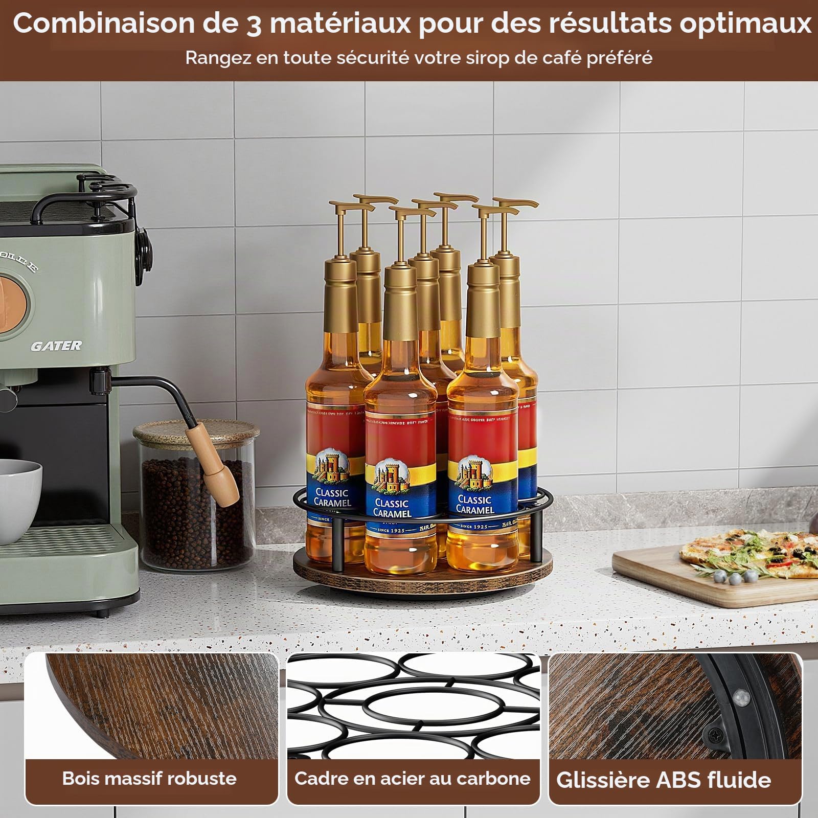 Nuovoware Support Rotatif 7 Bouteilles Sirop Café, Support en Acier au Carbone avec Base en Bois Support pour Bouteilles de Sirop de Café pour Sirops Aromatisés Thermos Liquor de Table, Noir+Marron