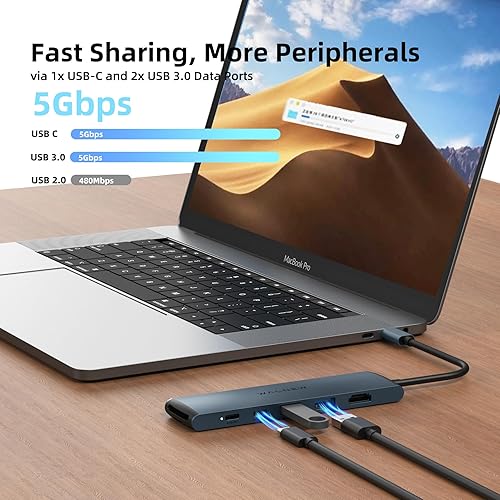Miniatura 10 de Hub USB C, WALNEW 7 en 1 USB C estación de acoplamiento con HDMI 4K, 100 W PD, 3 puertos de datos de 5 Gbps (1 USB-C y 2 USB 3.0), lector de