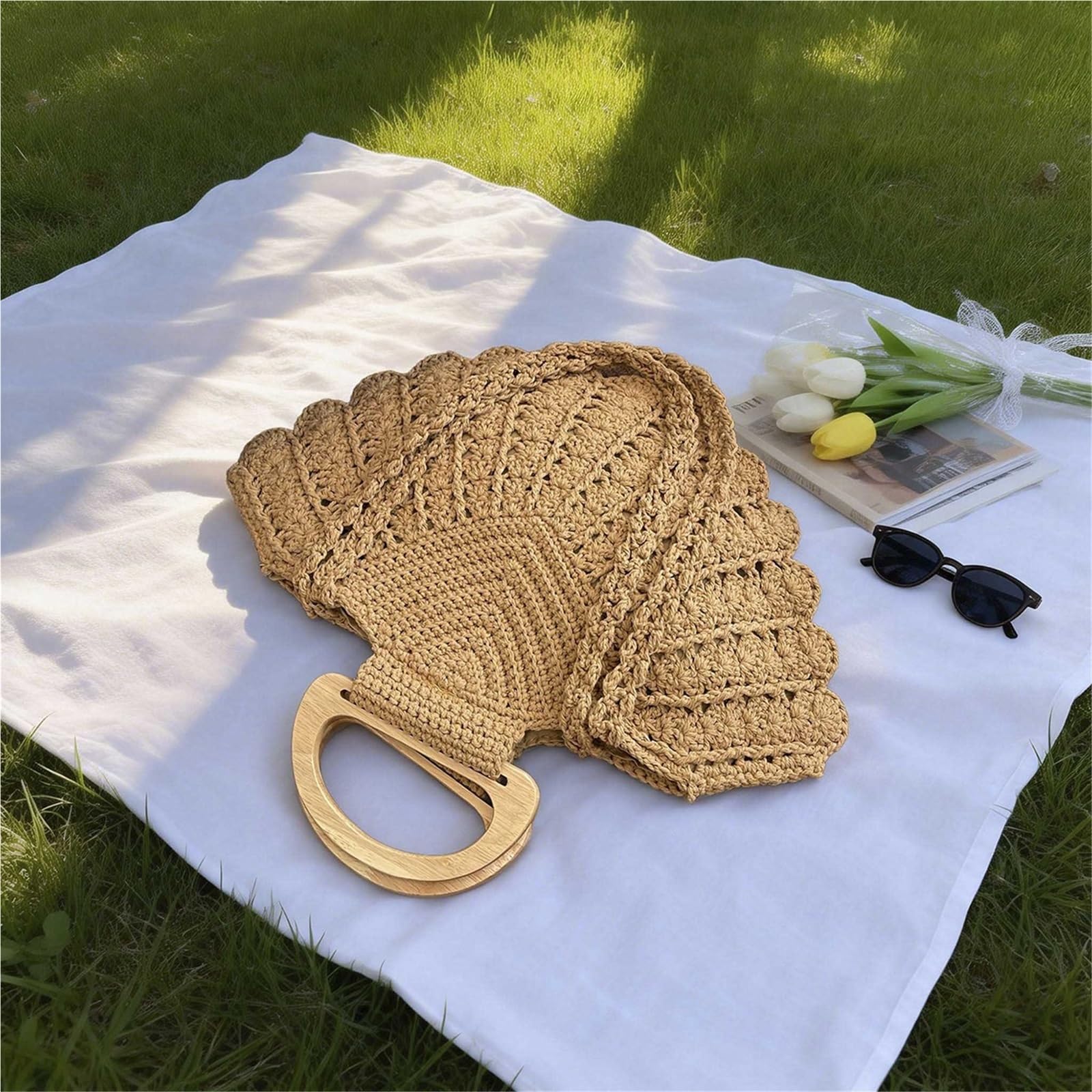 borsa donna estiva Borsa estiva in paglia intrecciata for donna a mano in legno con manico superiore Clip a tracolla retrò bohémien