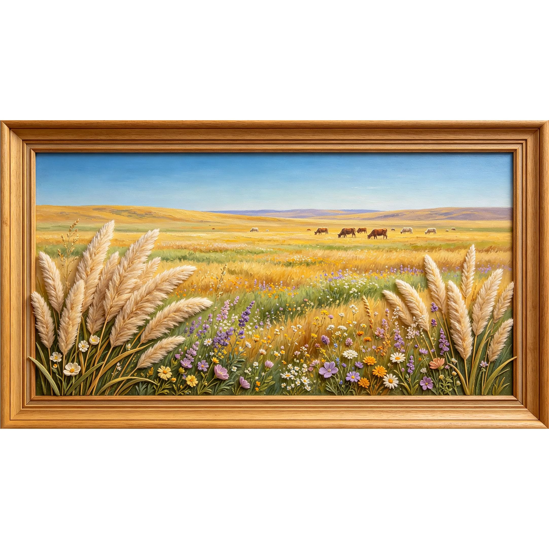 QZLITHOTIC 50×100cm 3D Framed Wall Art， Pastoral Meadow Landscape Floral Self?Adhesive Mural， Water?Activated Peel & Stick Fabric Decor Wall Decal for Bedroom Living Room