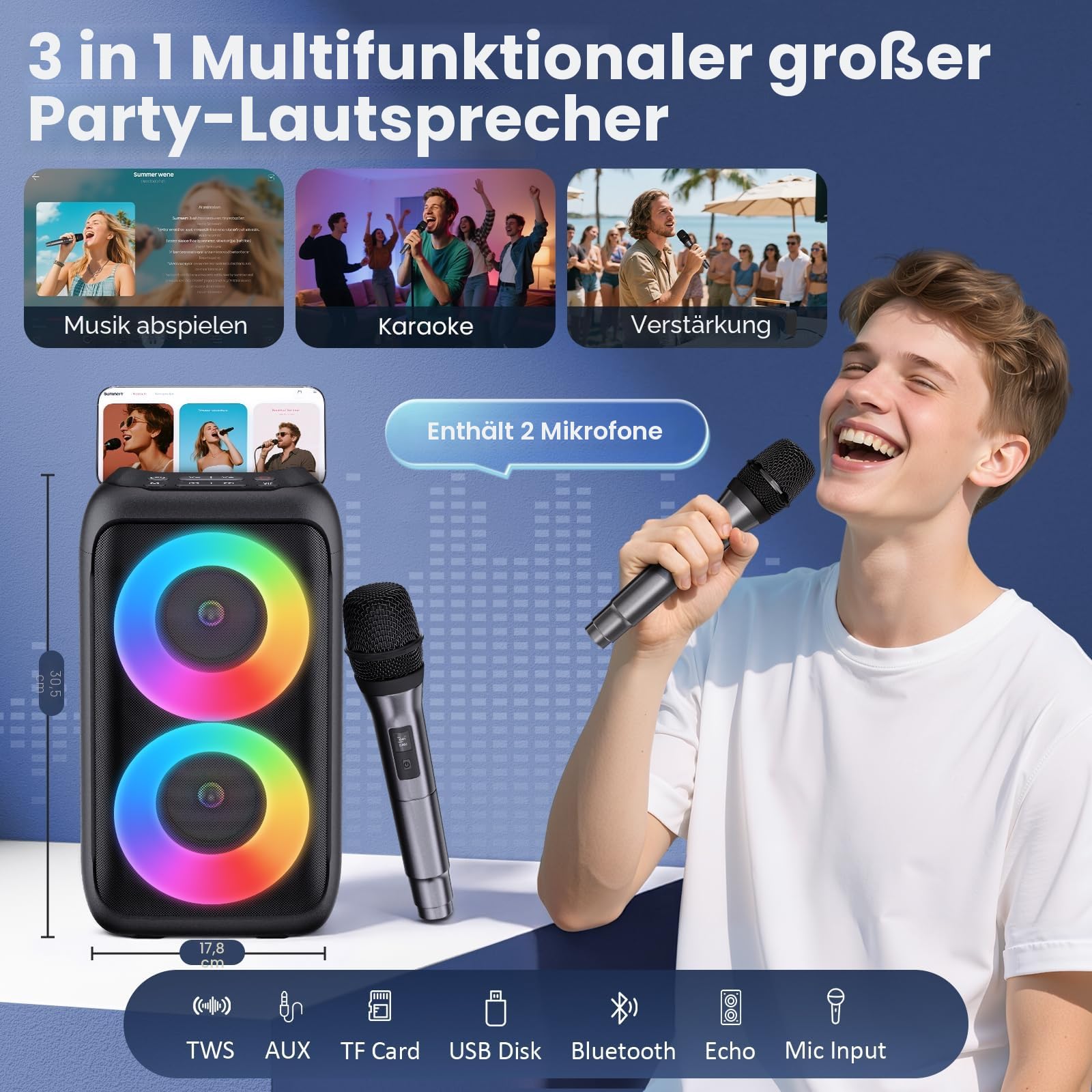 Karaoke Maschine mit 2 kabellosen Mikrofonen – 2x10W Tragbarer Bluetooth Lautsprecher, unterstützt TWS/AUX/USB/FM für TV, Smartphone & Tablet – Ideal für Party, Geburtstag & Reisen (Mic2)
