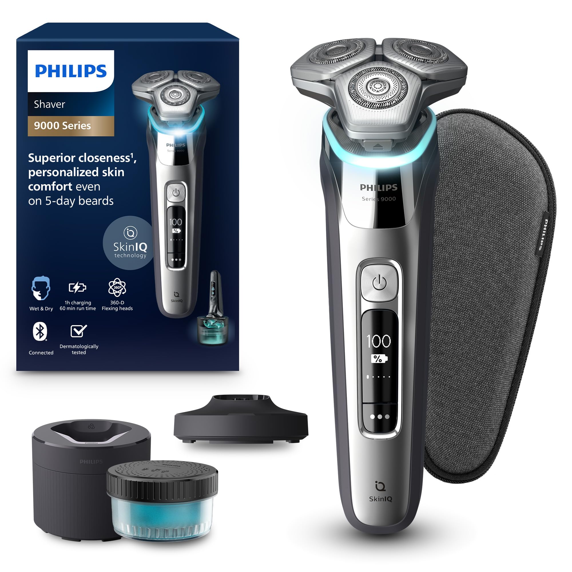 Philips Shaver S9000, afeitadora eléctrica Wet & Dry, tecnología Levanta y Corta con SkinIQ, cortapatillas desplegable, Cleaning Pod, soporte de carga, estuche de viaje, plateado cromado, S9975/54