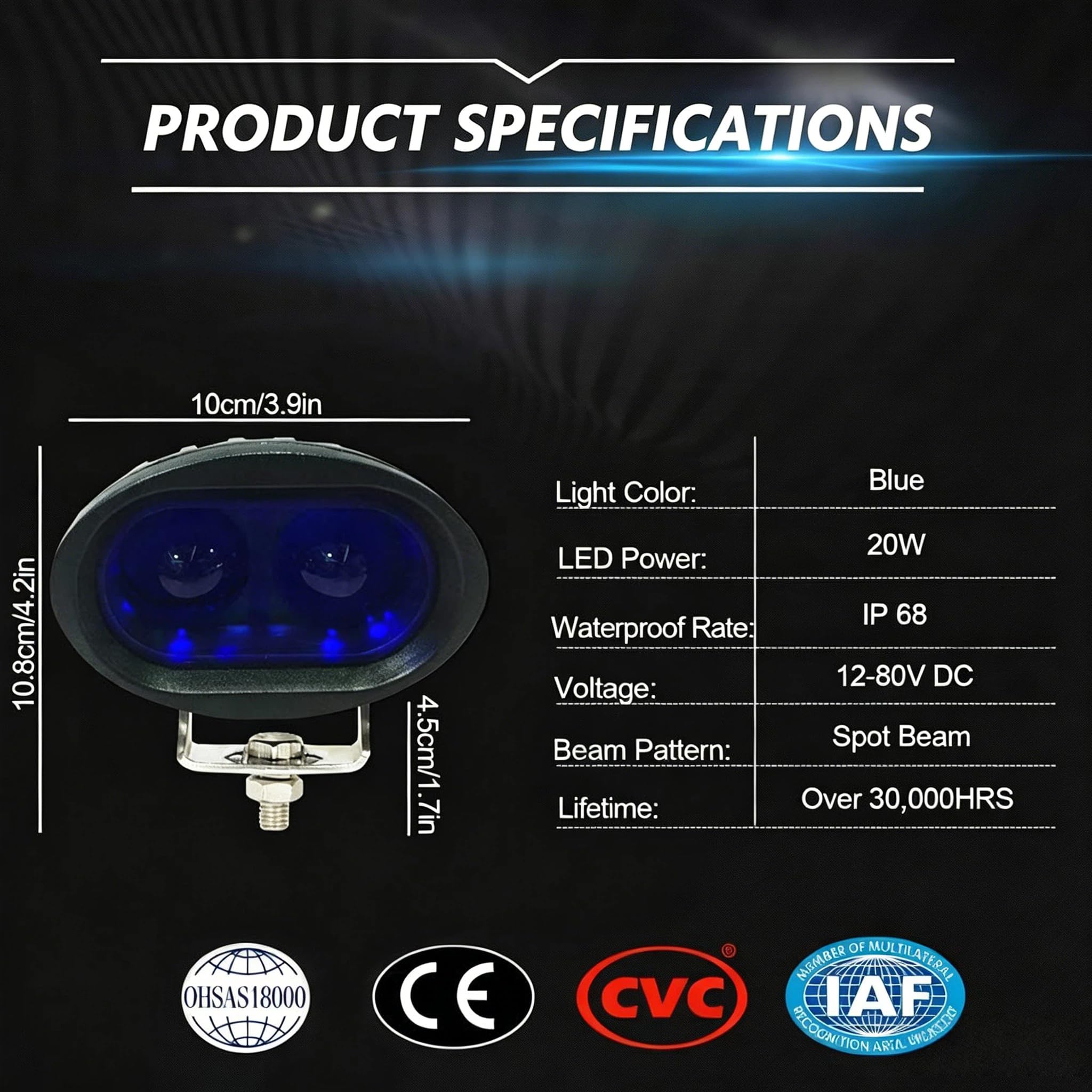 Dinfu Luce blu del carrello elevatore del LED 20W di sicurezza del magazzino della luce 12-80V per la luce del lavoro del trattore del camion offroad LED