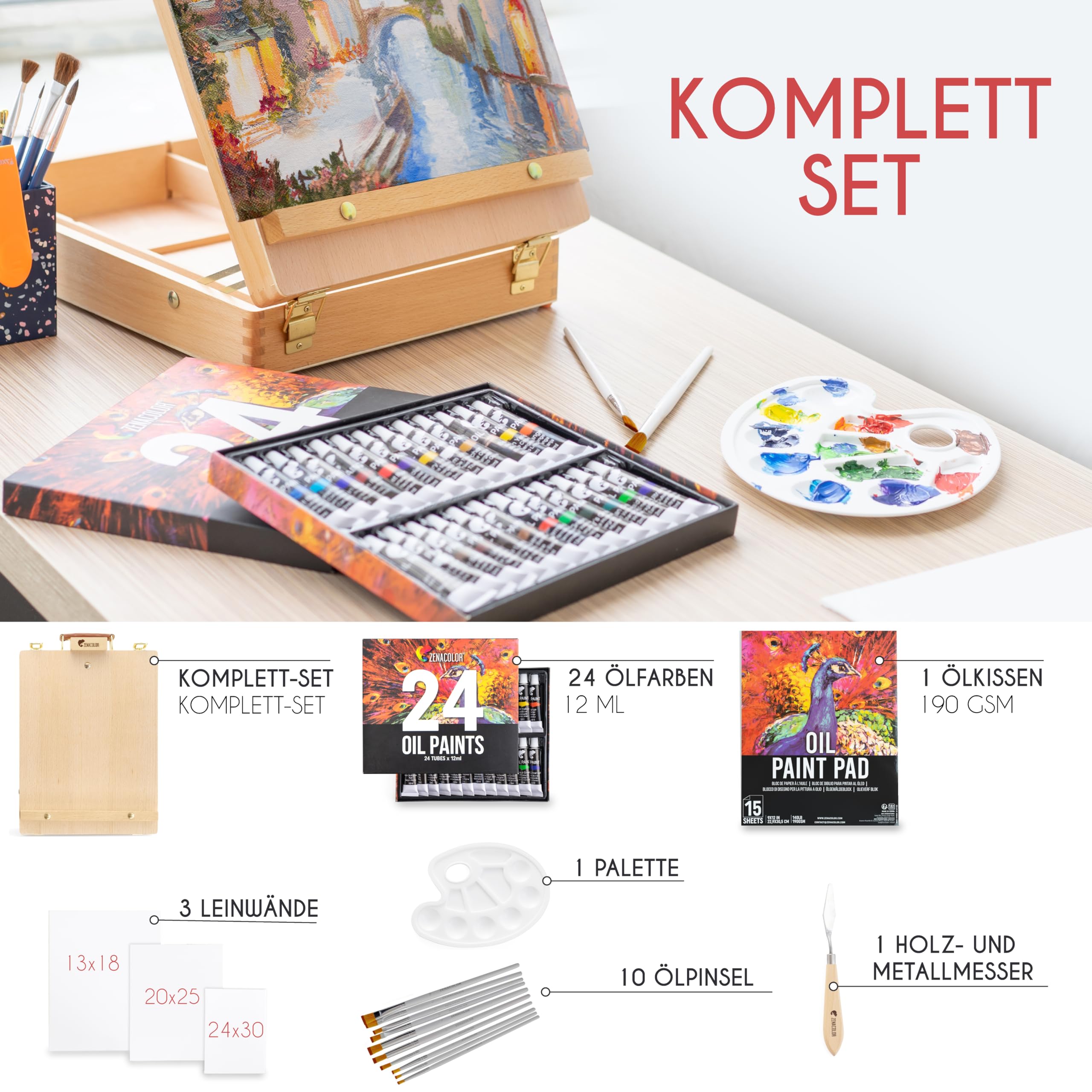 Staffelei mit Ölfarben Set - Malset 41 Teile : 24 Tuben Ölfarbe 3 Leinwand Zum Bemalen 1 Malblock 10 Pinsel 1 Malspachtel 1 Palette 1 Tischstaffelei Zenacolor