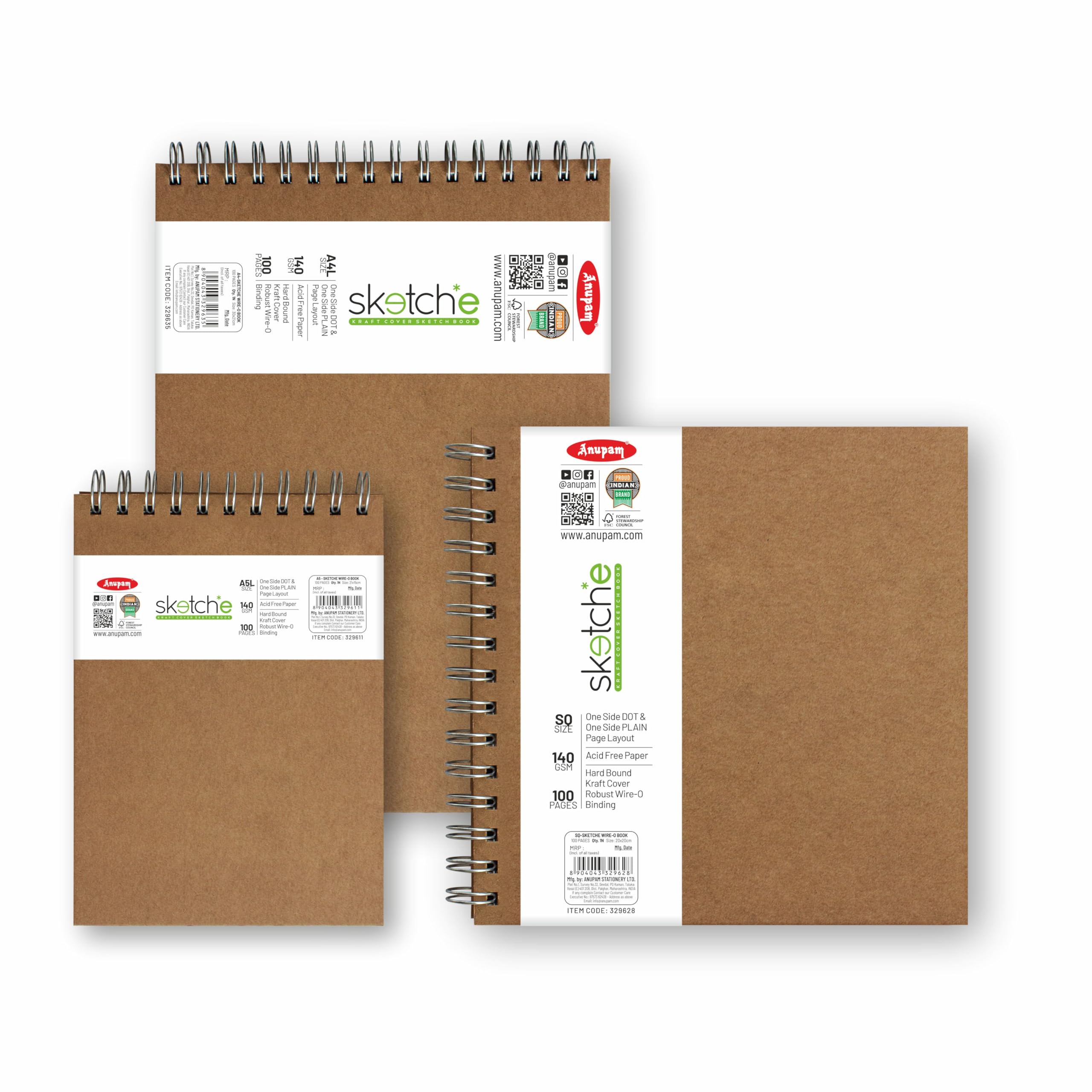 anupam SKETCHE - Blocco da disegno, formato quadrato, con rilegatura a spirale, per artisti, studenti, schizzi, 100 fogli, 140 g/m², confezione da 2, bianco