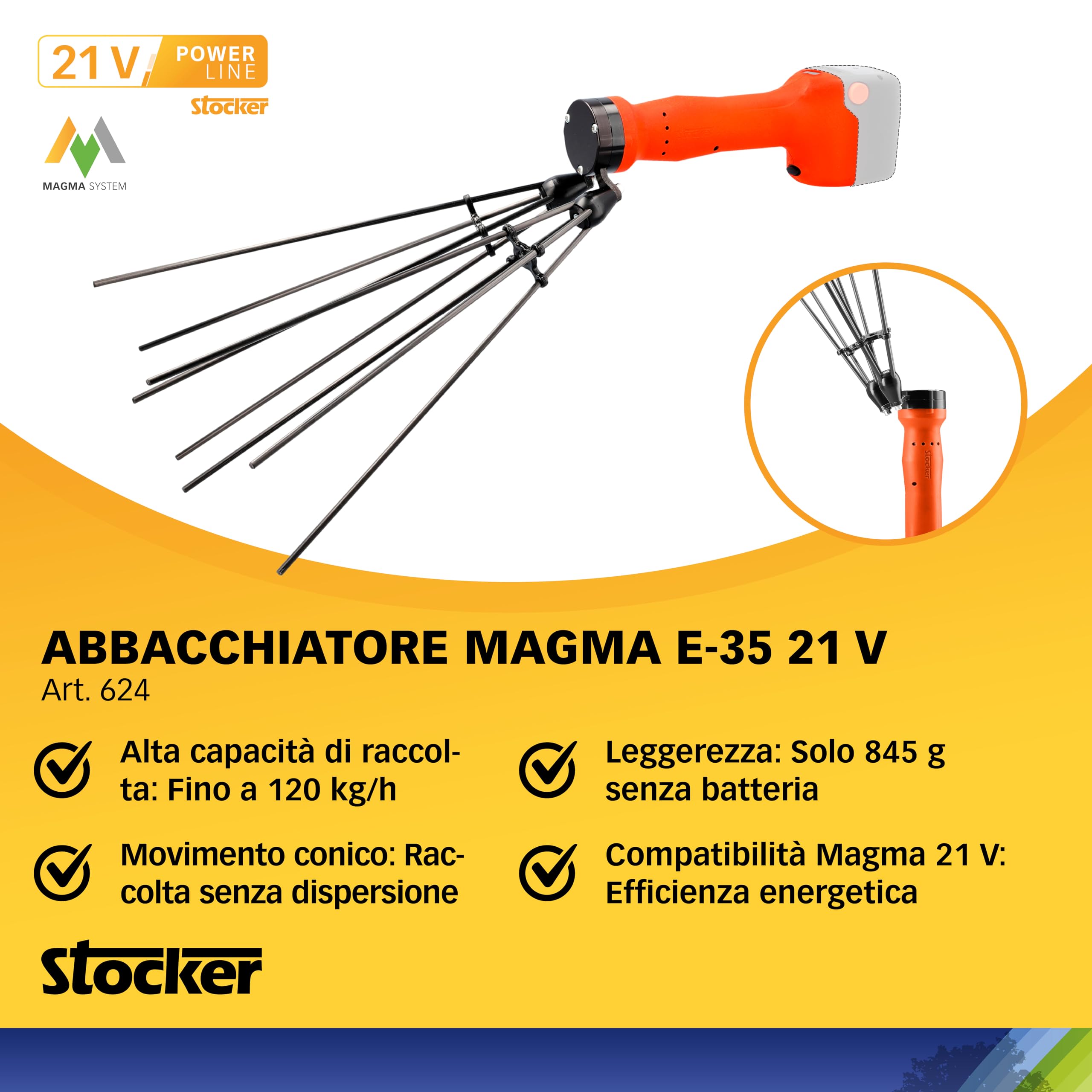 STOCKER - Kit Raccolta Olive Professionale 21V - Abbacchiatore Elettrico, Batteria 4Ah, Manico Telescopico 3m - per Olive e Frutti - Garanzia 60 Mesi