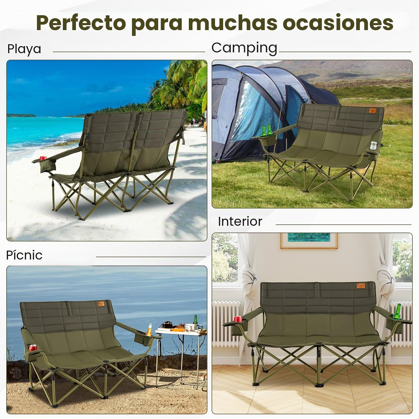 GOPLUS - Silla de camping doble, sillón de playa acolchada con portavasos, apoyabrazos ajustables, banco de camping de 2 plazas plegable para pesca, camping, picnic, playa, carga 300 kg (verde)