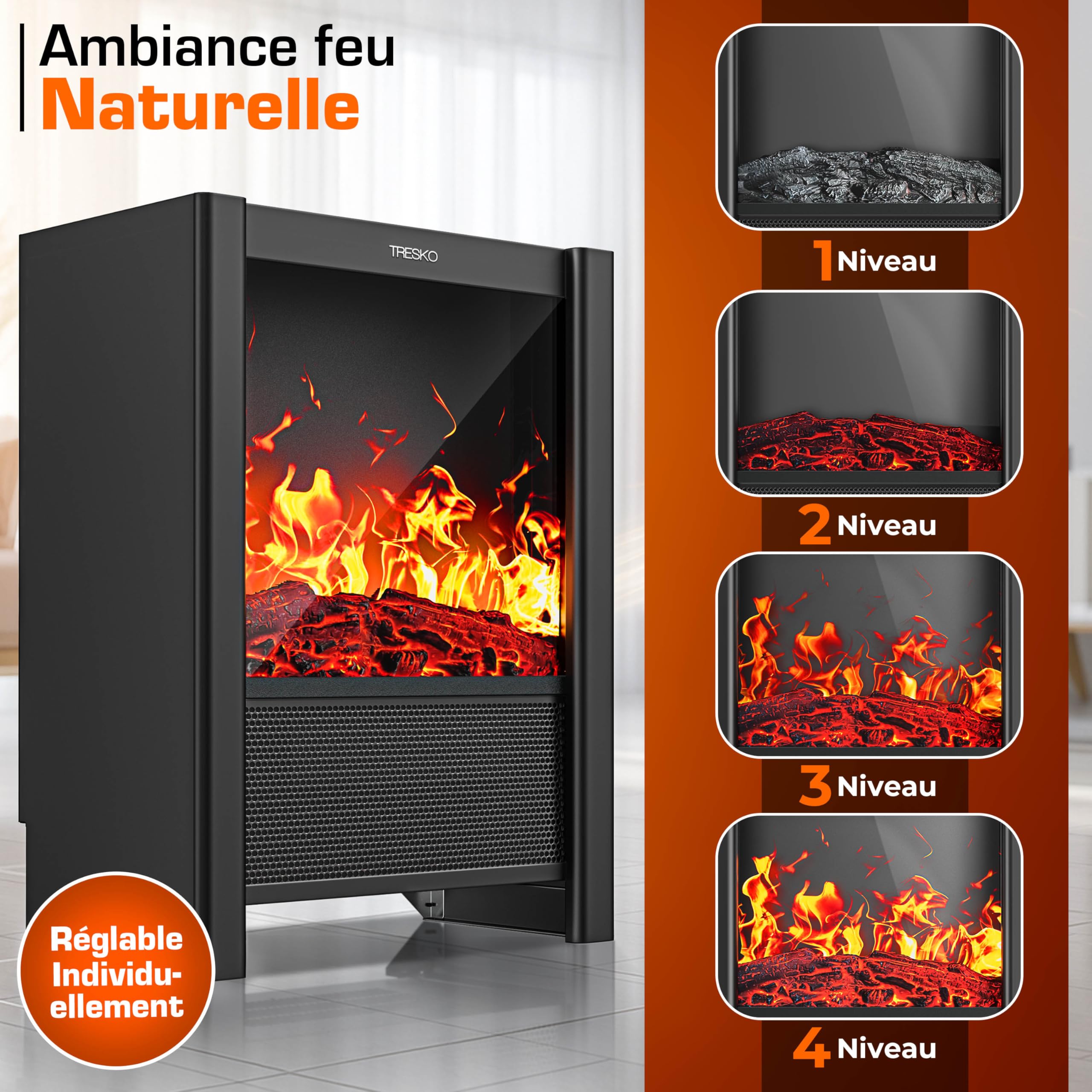TRESKO® Cheminée électrique 2000W, Maison Intelligente WiFi app & télécommande | Poêle électrique Effet Flamme LED & écran LCD | Foyer électrique avec Thermostat | Chauffage soufflant minuterie
