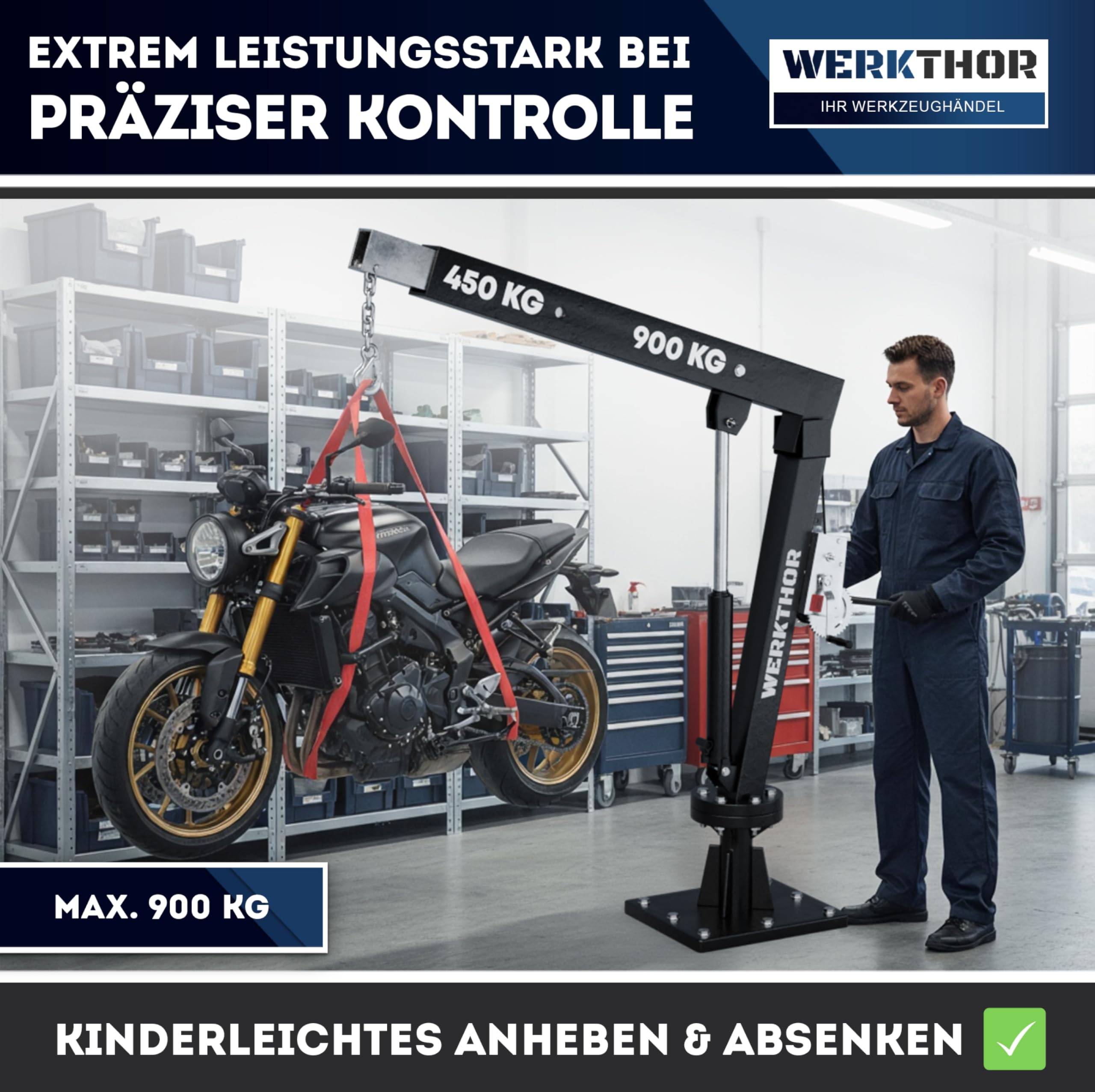 WERKTHOR Gru pickup gru di carico 900 kg con verricello e idraulico, gru pick up per rimorchio e piano, girevole a 360°, mini gru con materiale di montaggio e base solida, nero