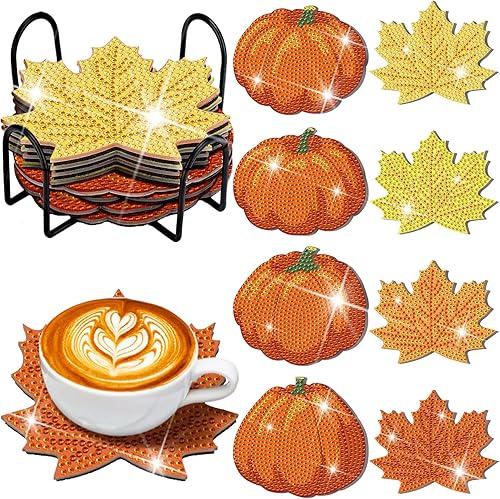 Sratte Juego de 8 posavasos de otoño con diseño de diamantes de calabaza, hojas de arce, juego de posavasos de arte de diamante de Acción de Gracias