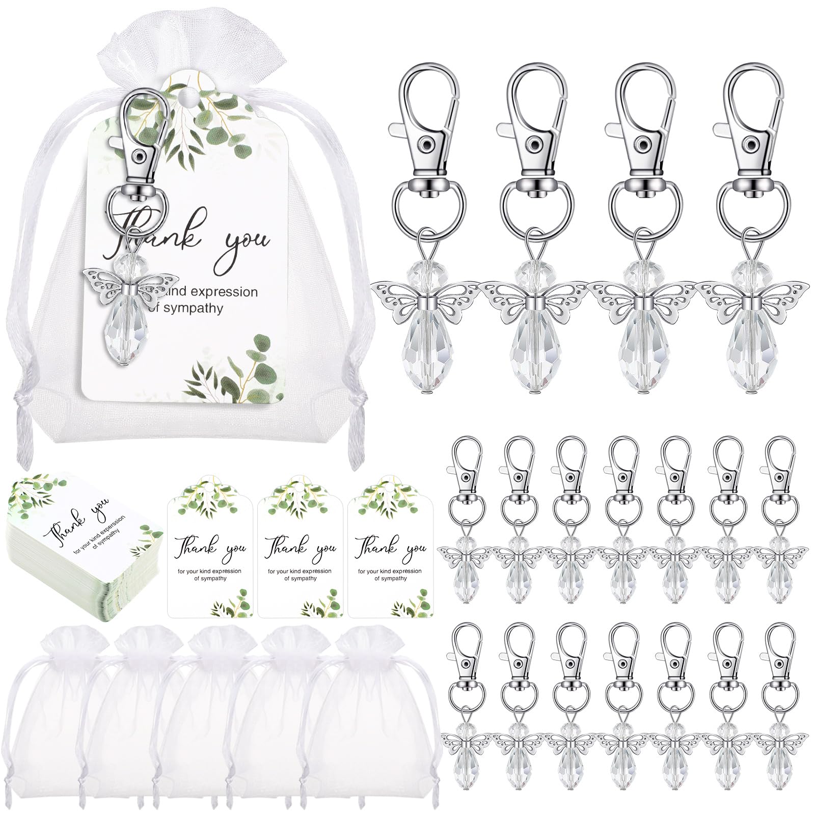 Hicarer 120 Set Funeral Favors Angel Keychains Organza Bags, White