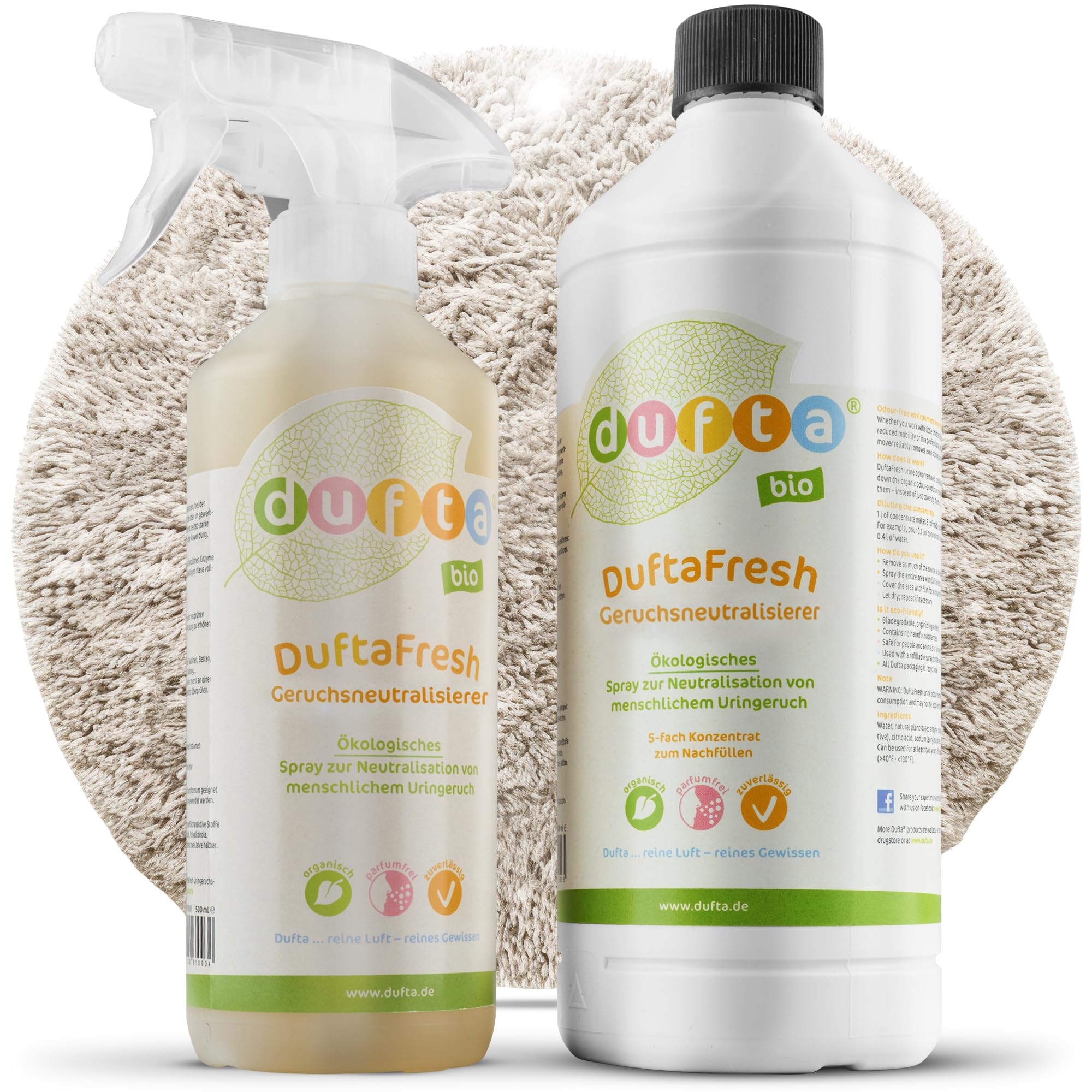 DuftaFresh Geruchsneutralisierer Set mit 500 ml Spray & 1L Konzentrat | Ideal als textilerfrischer, enzymreiniger und geruchsneutralisierer für räume gegen Urin-, Rauch- und Schweißgerüche.